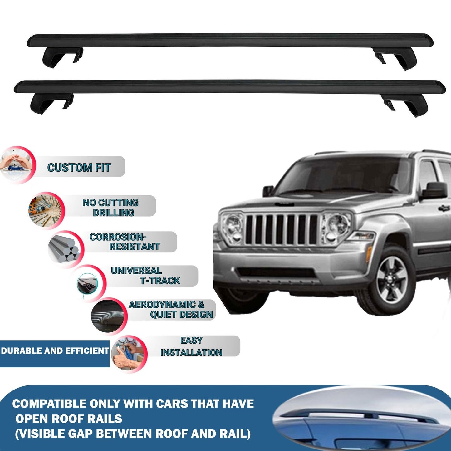 Roof Rack Cross Bars for Jeep Cherokee KK 2008-2014 Rail Carrier for Roof Tents 2 Pcs Black