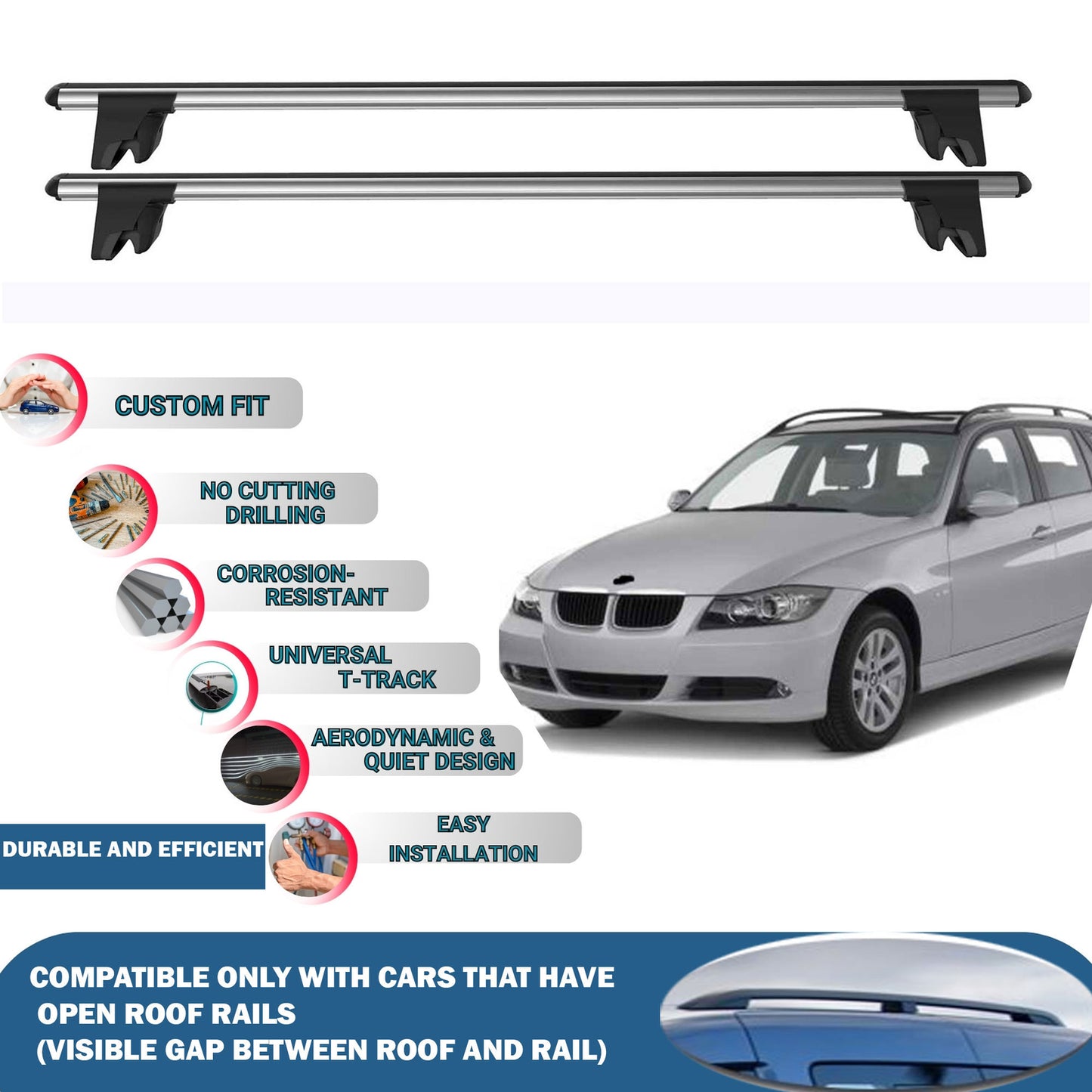 Lockable Roof Rack Cross Bars for BMW 3-Series Touring/Estate E46 1999-2001 | Heavy Duty Rail Carrier 2 Pcs Grey