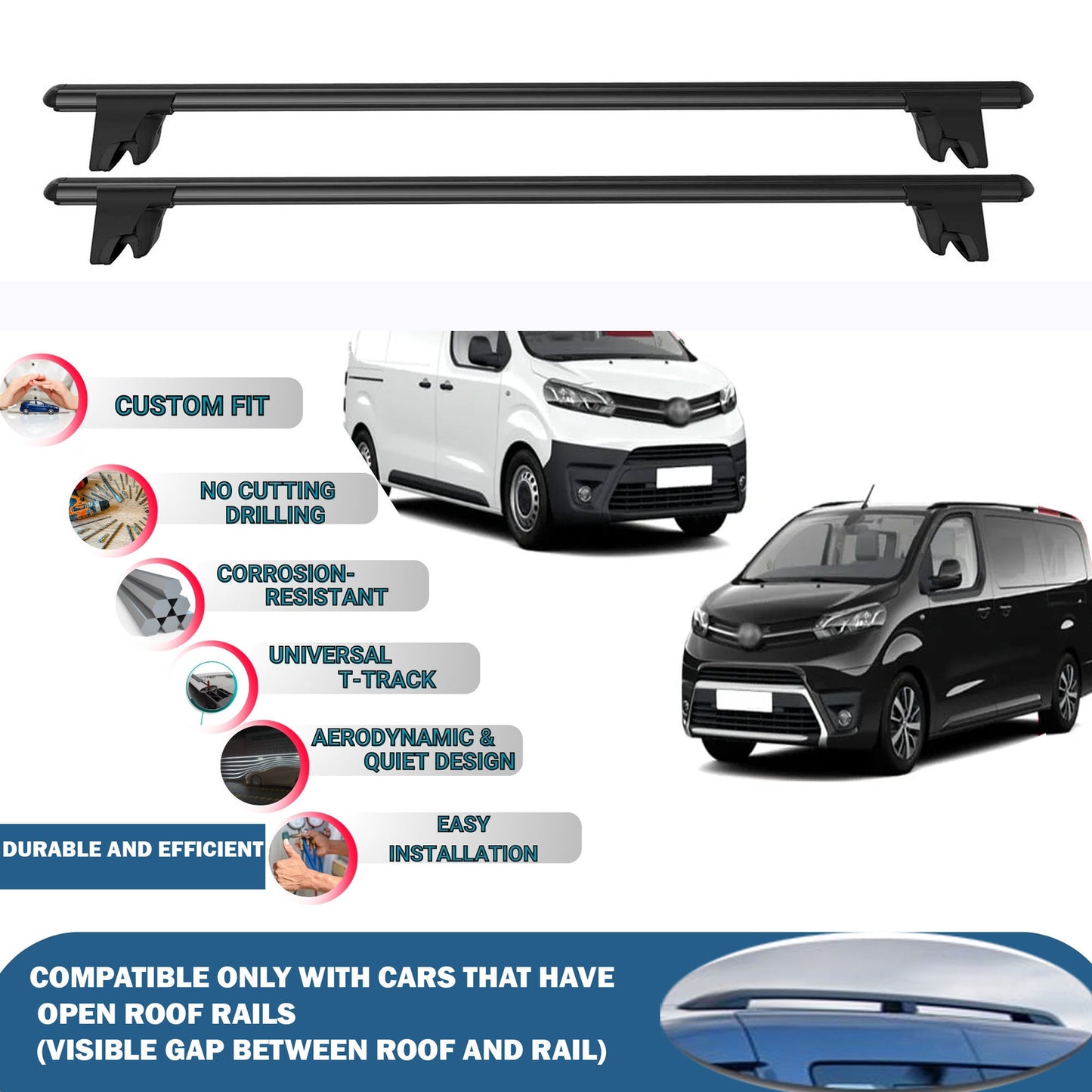 Lockable Roof Rack Cross Bars for Toyota Proace/Verso 2016-2024 | Heavy Duty Rail Carrier 2 Pcs Black
