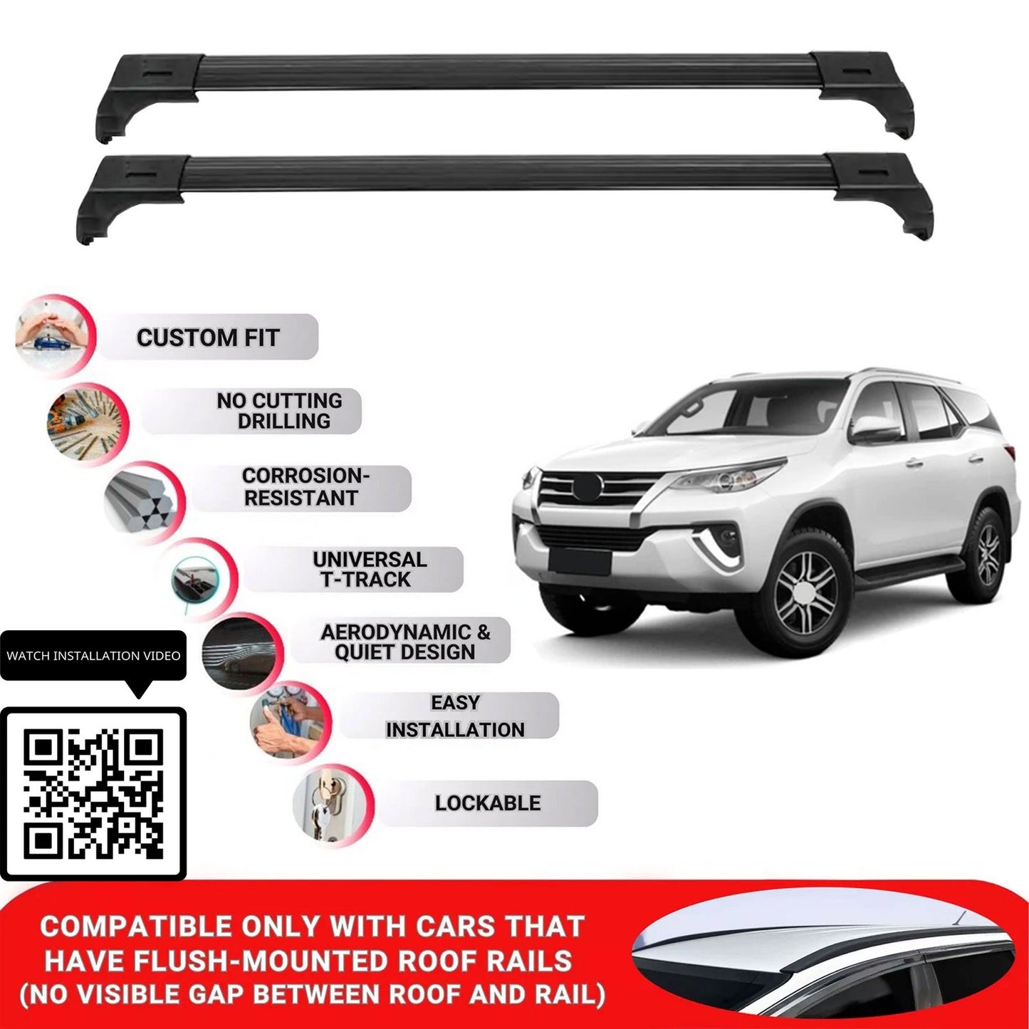 Roof Bars for Toyota Fortuner 2016+ Lockable Roof Rack Cross Bars 2 Pcs Black