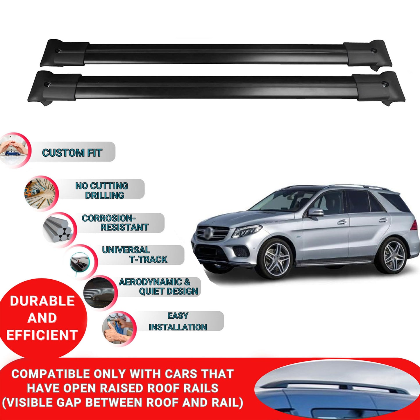 Roof Racks Cross Bars For Mercedes Gle-Class W166 Fl 2015-2018 2 Pcs Black