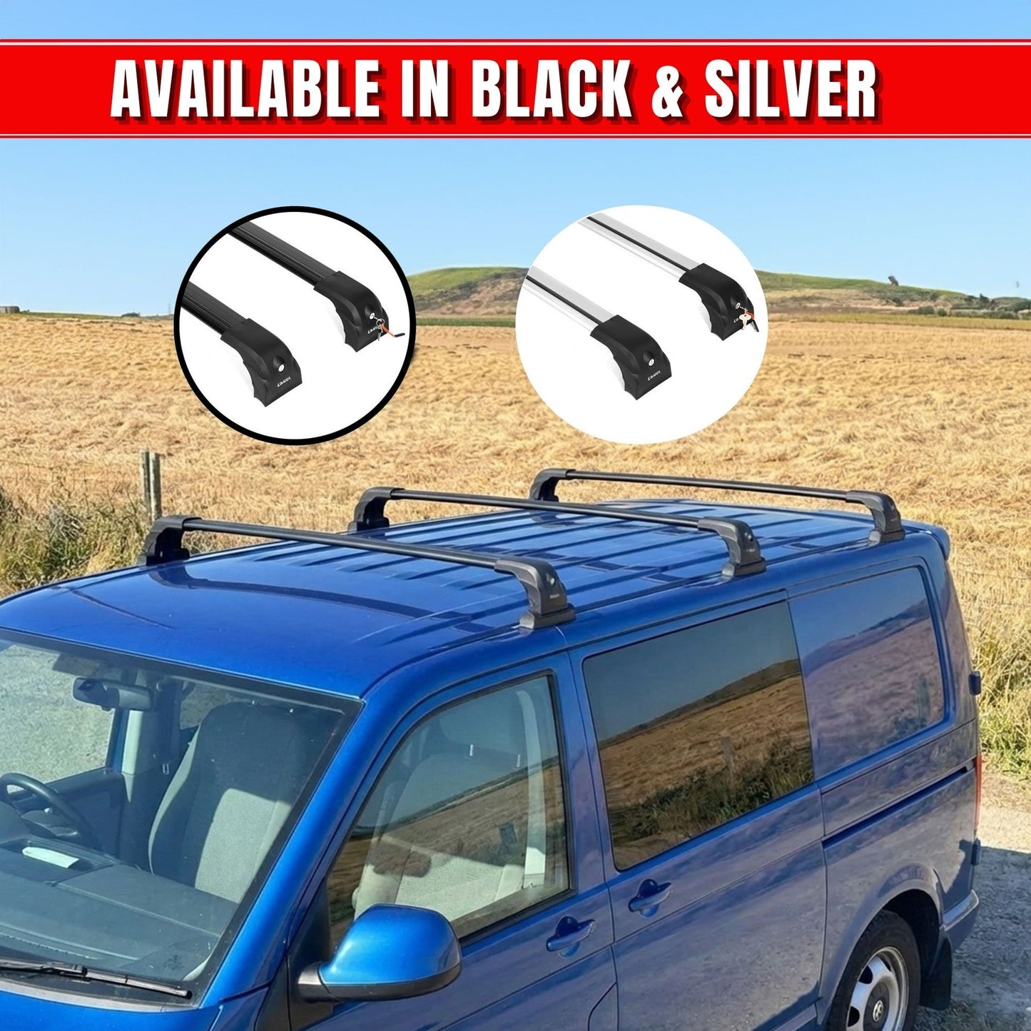 Lockable Roof Bars for VW Transporter T5 2003-2016 | Fixpoint No Roof Rails 2 Pcs Grey