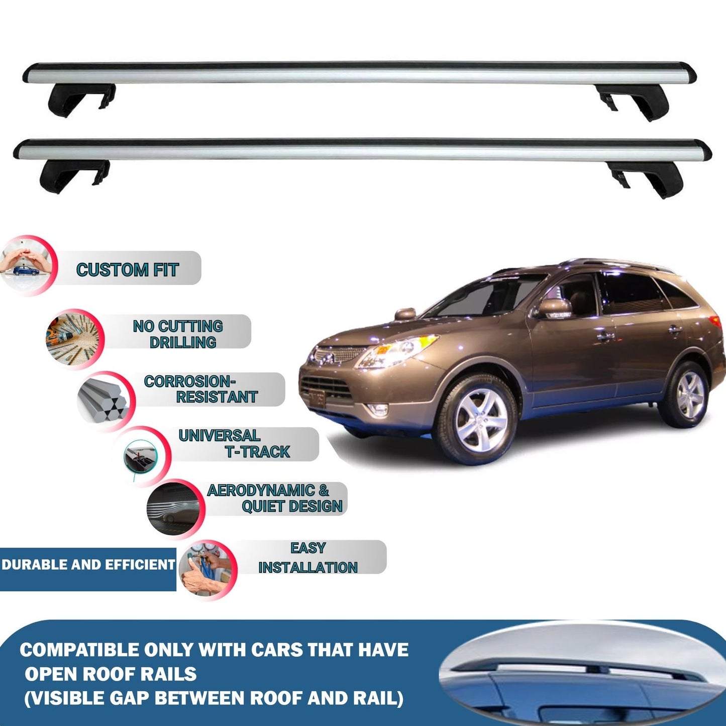 Roof Rack Cross Bars for Hyundai Ix55 Veracruz 2007-2015 Rail Carrier for Roof Tents 2 Pcs Grey