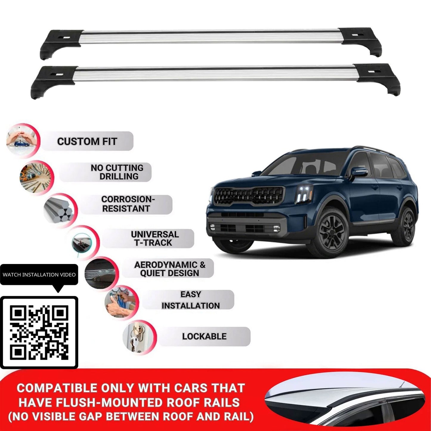 Roof Bars for Kia Telluride 2020+ Lockable Roof Rack Cross Bars 2 Pcs Grey