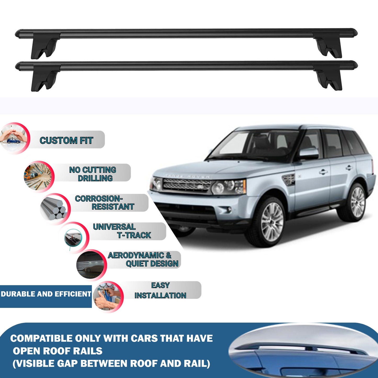 Lockable Roof Rack Cross Bars for Range Rover Sport L320 Suv 2005-2013 | Heavy Duty Rail Carrier 2 Pcs Black