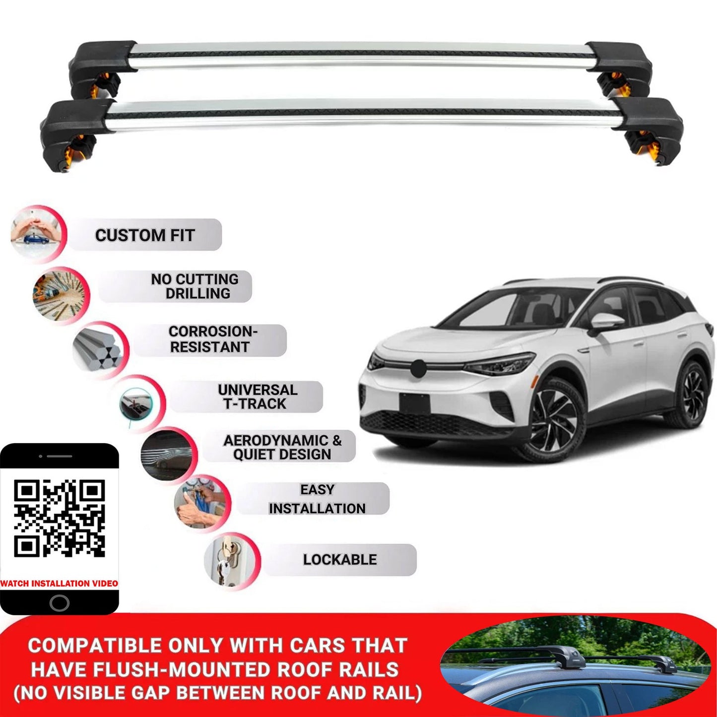 Premium Roof Bars For Volkswagen ID.4 Suv 2021+ Secure Roof Rack Cross Bar 2 Pcss Grey