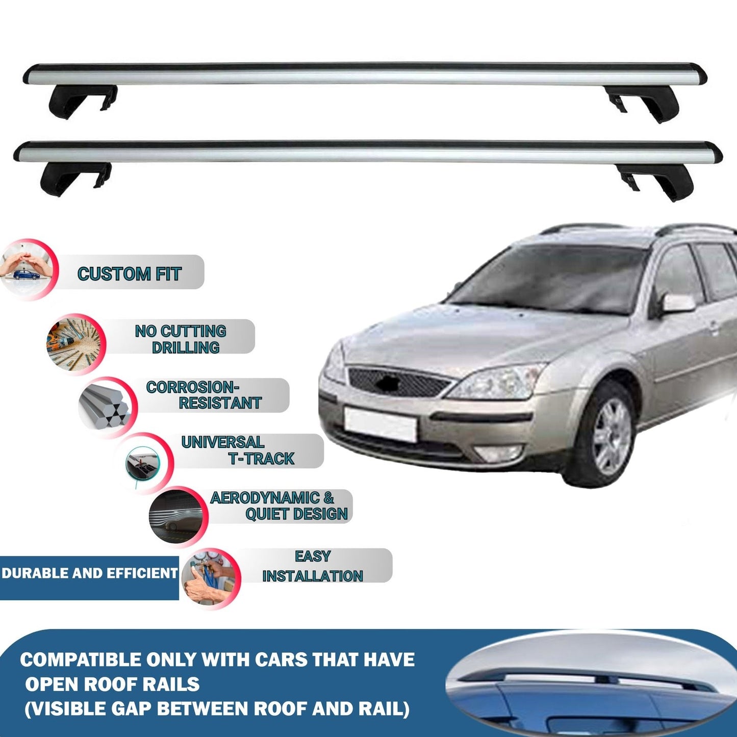 Roof Rack Cross Bars for Ford Mondeo Turnier/Estate 2001-2007 Rail Carrier for Roof Tents 2 Pcs Grey