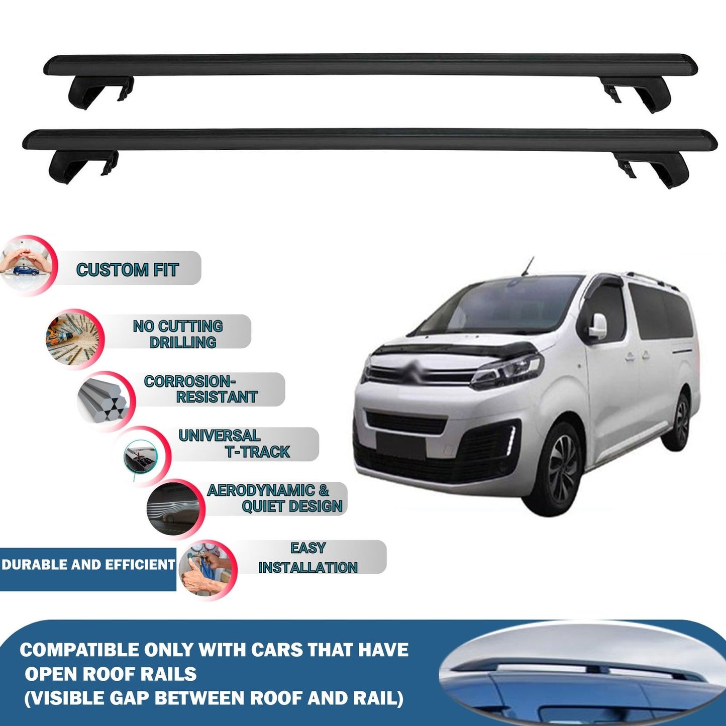 Roof Rack Cross Bars for Citroen Jumpy/Space Tourer 2017-2023 Rail Carrier for Roof Tents 4 Pcs Black
