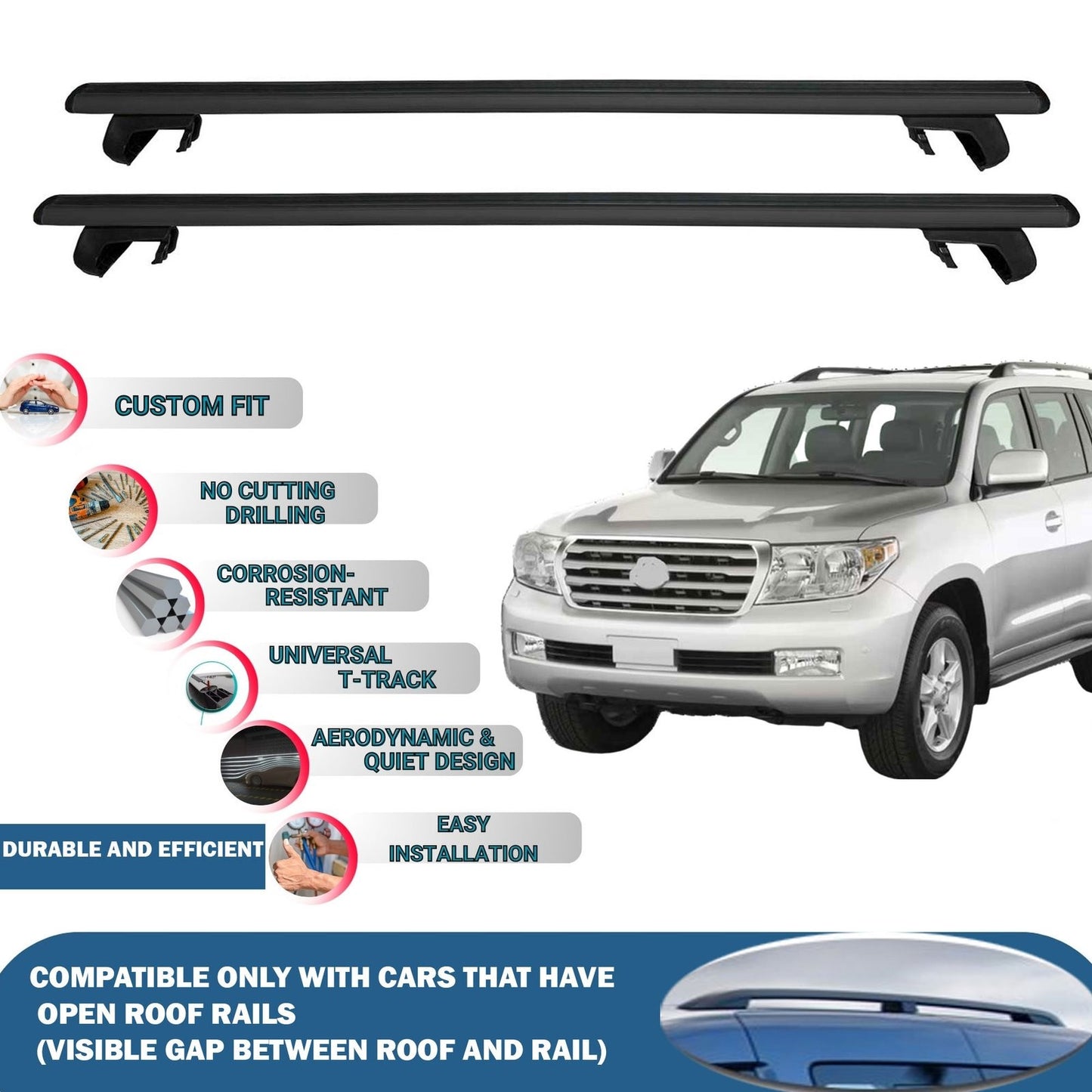 Roof Rack Cross Bars for Toyota Land Cruiser 2008-2021 Rail Carrier for Roof Tents 2 Pcs Black