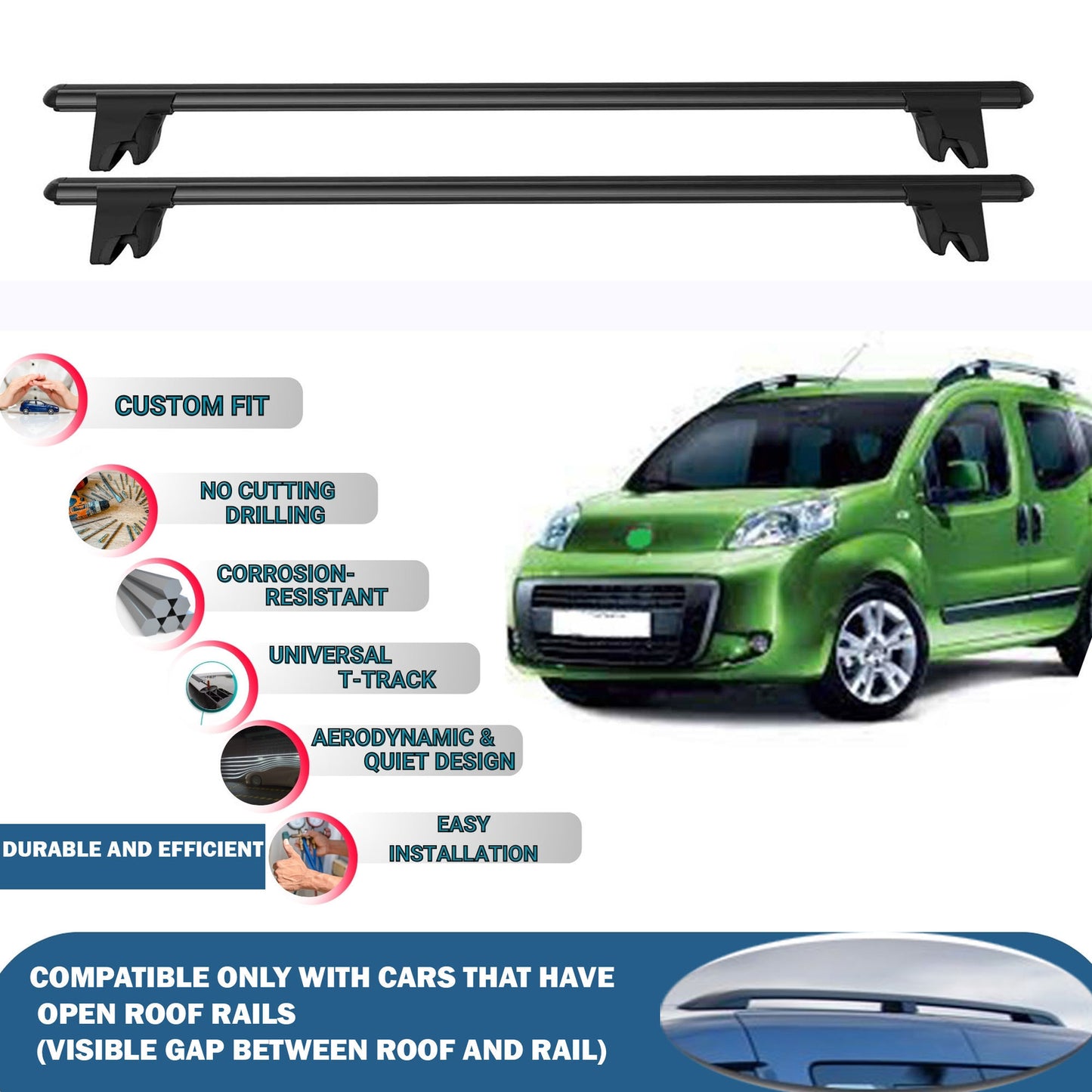 Lockable Roof Rack Cross Bars for Fiat Qubo 5D 2008-2023 | Heavy Duty Rail Carrier 2 Pcs Black
