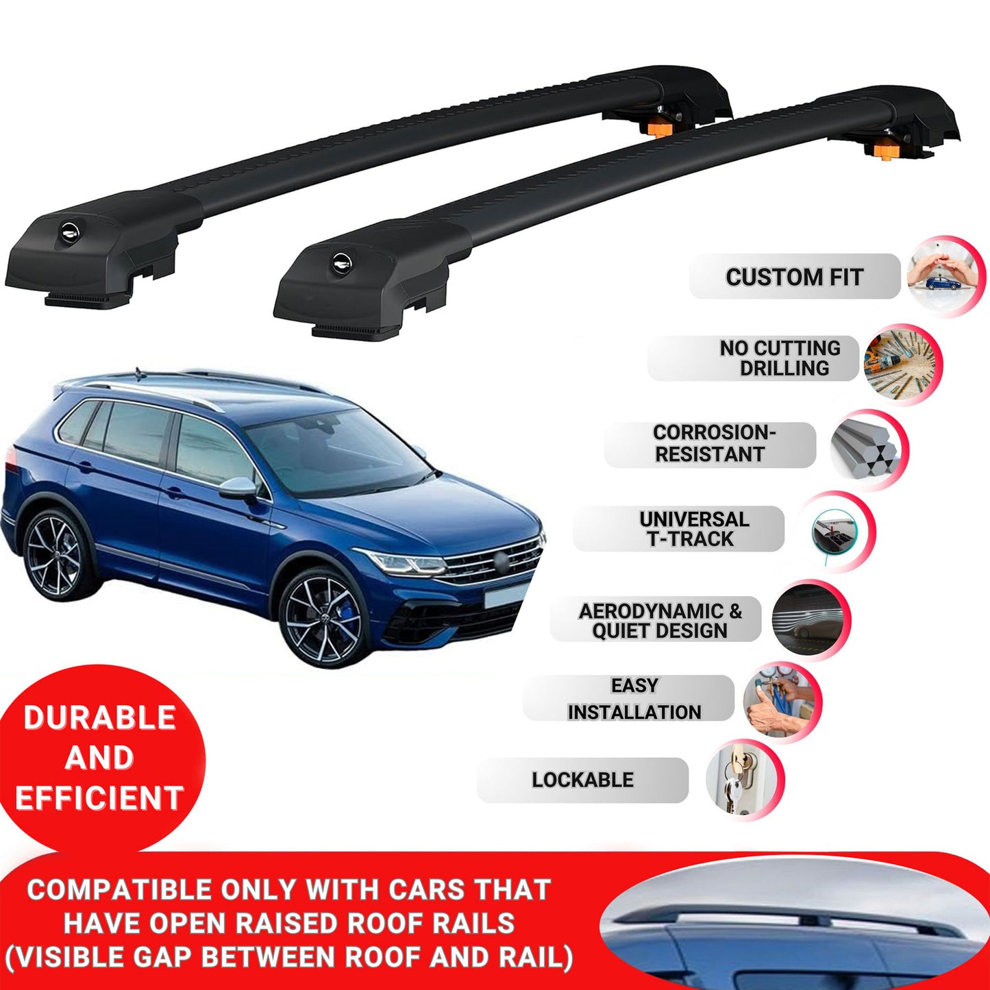Roof Bar for Vw Tiguan R-Line 2020+ Lockable Roof Rack Cross Bars 2 Pcs Black