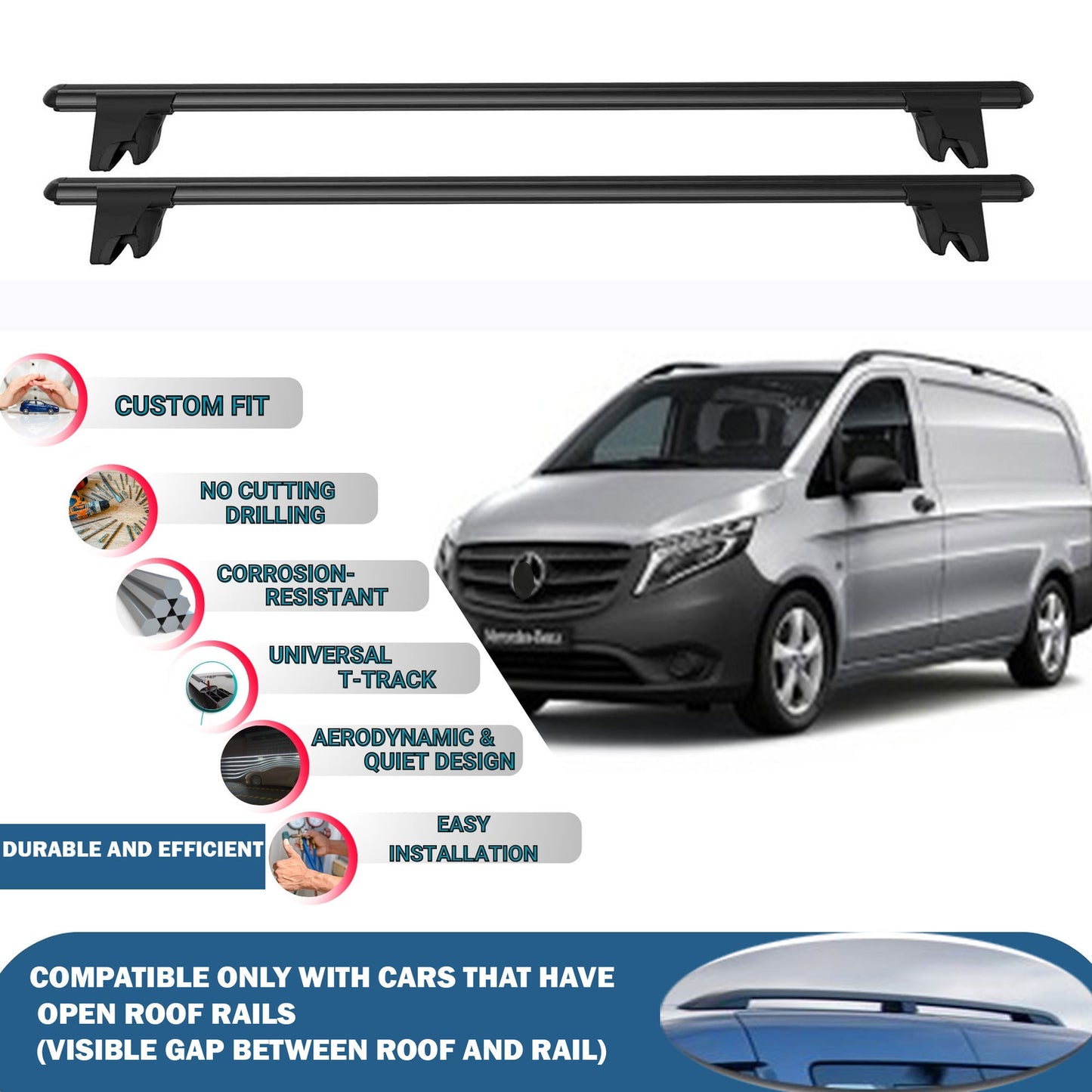 Lockable Roof Rack Cross Bars for Mercedes Vito W447 2014-2020 | Heavy Duty Rail Carrier 2 Pcs Black