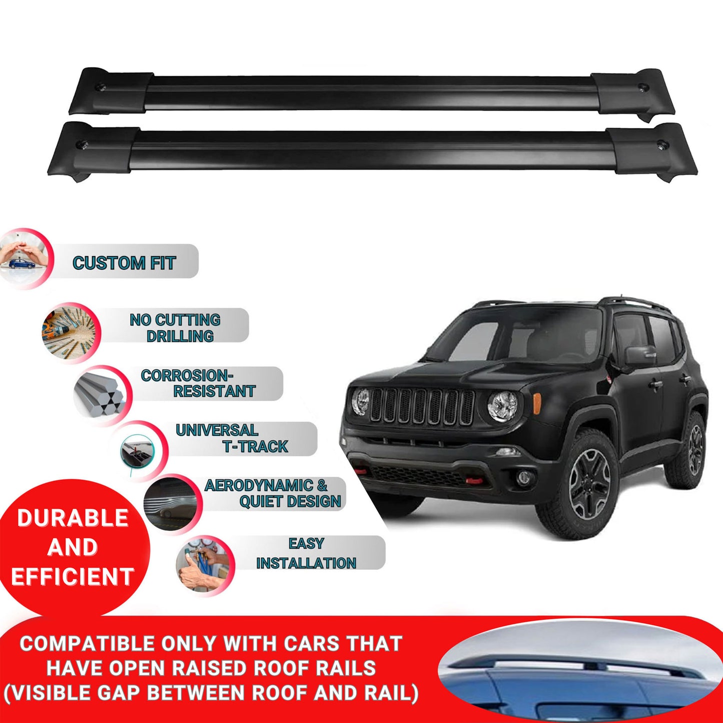 Roof Racks Cross Bars For Jeep Renegade 2014-2024 2 Pcs Black