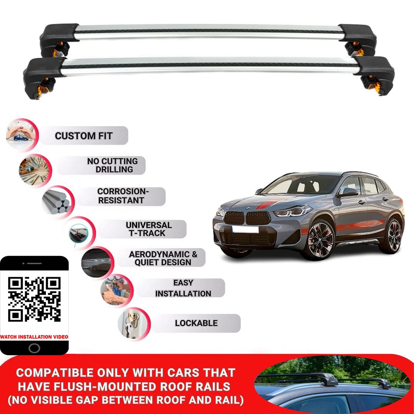 Premium Roof Bars For Bmw X2 Suv 2018-2023 Secure Roof Rack Cross Bar 2 Pcss Secure Grey