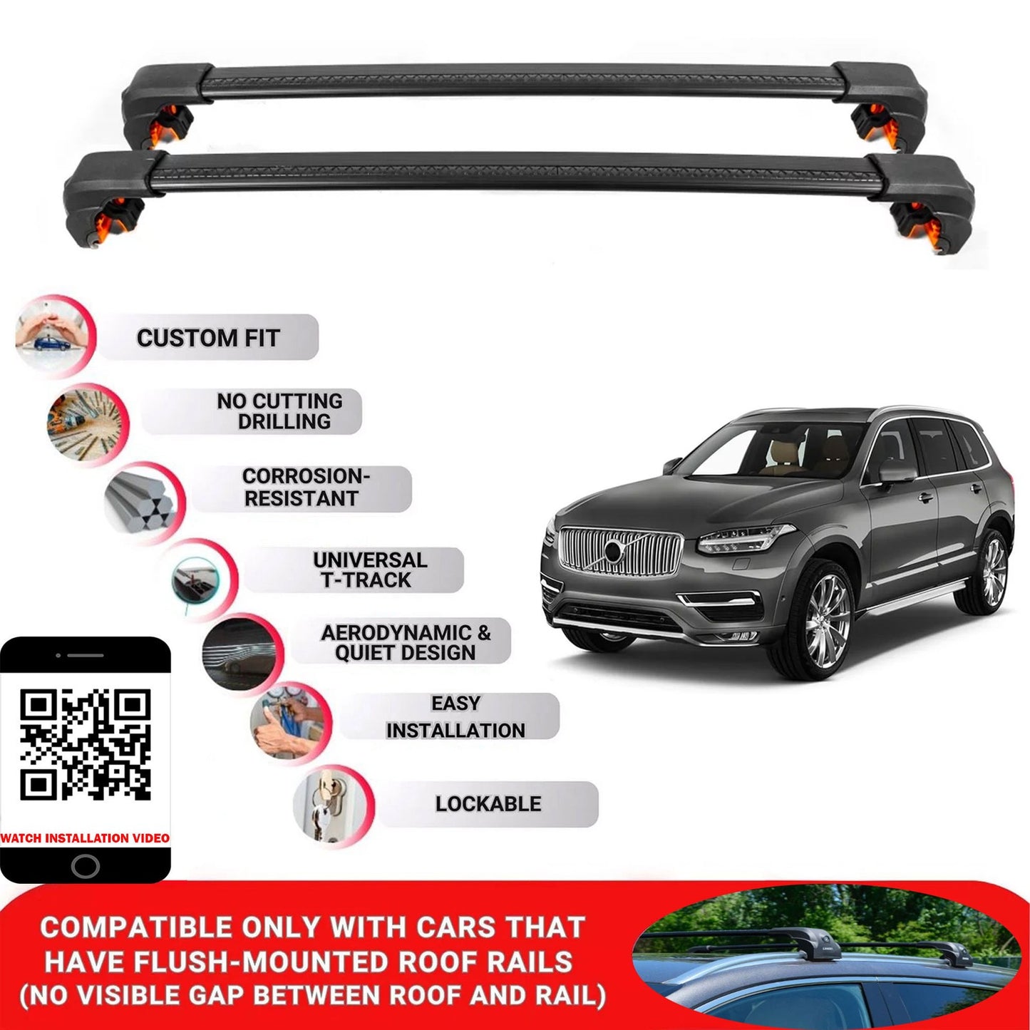 Premium Roof Bars For Volvo Xc90 Suv 2015+ Secure Roof Rack Cross Bar 2 Pcss Black