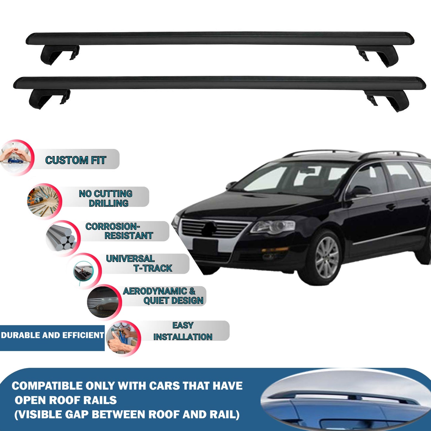 Roof Rack Cross Bars for Volkswagen Passat Variant B6 2005-2010 Rail Carrier for Roof Tents 2 Pcs Black