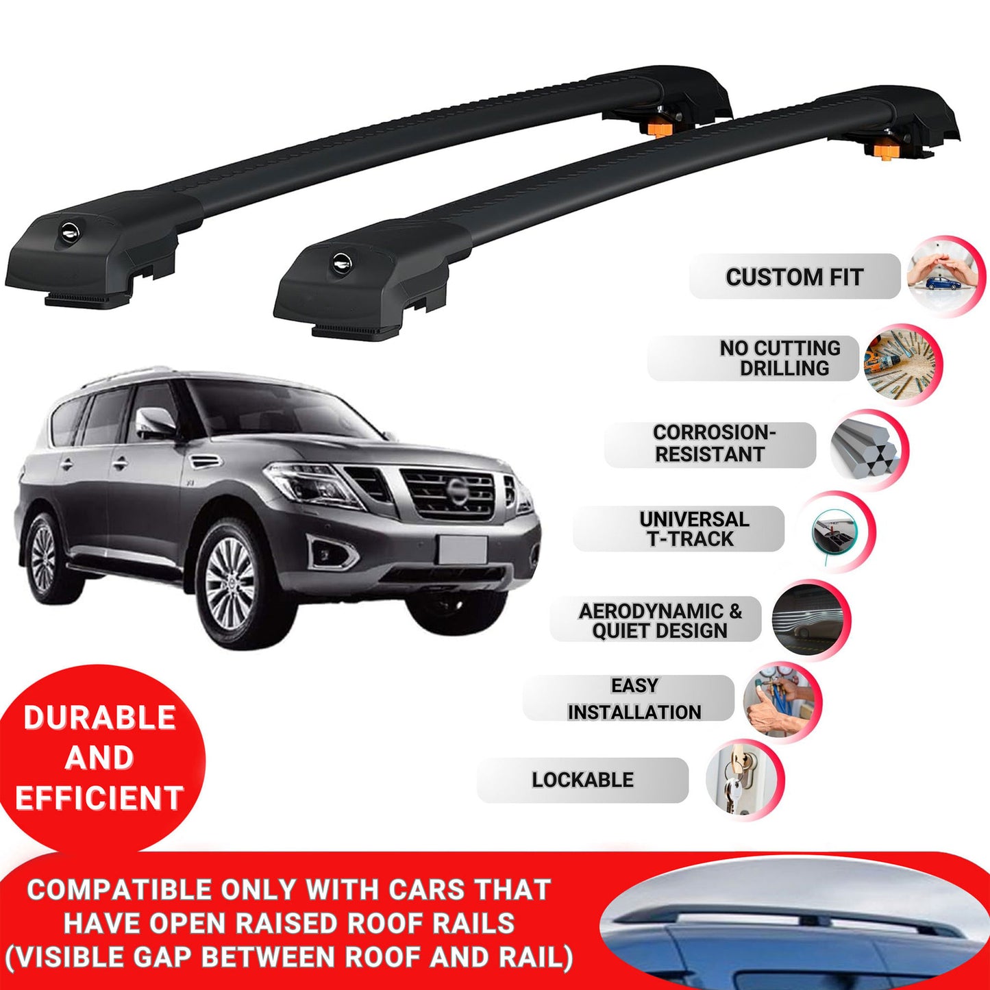 Roof Bar for Nissan Patrol (Y62) 2011-2024 Lockable Roof Rack Cross Bars 2 Pcs Black