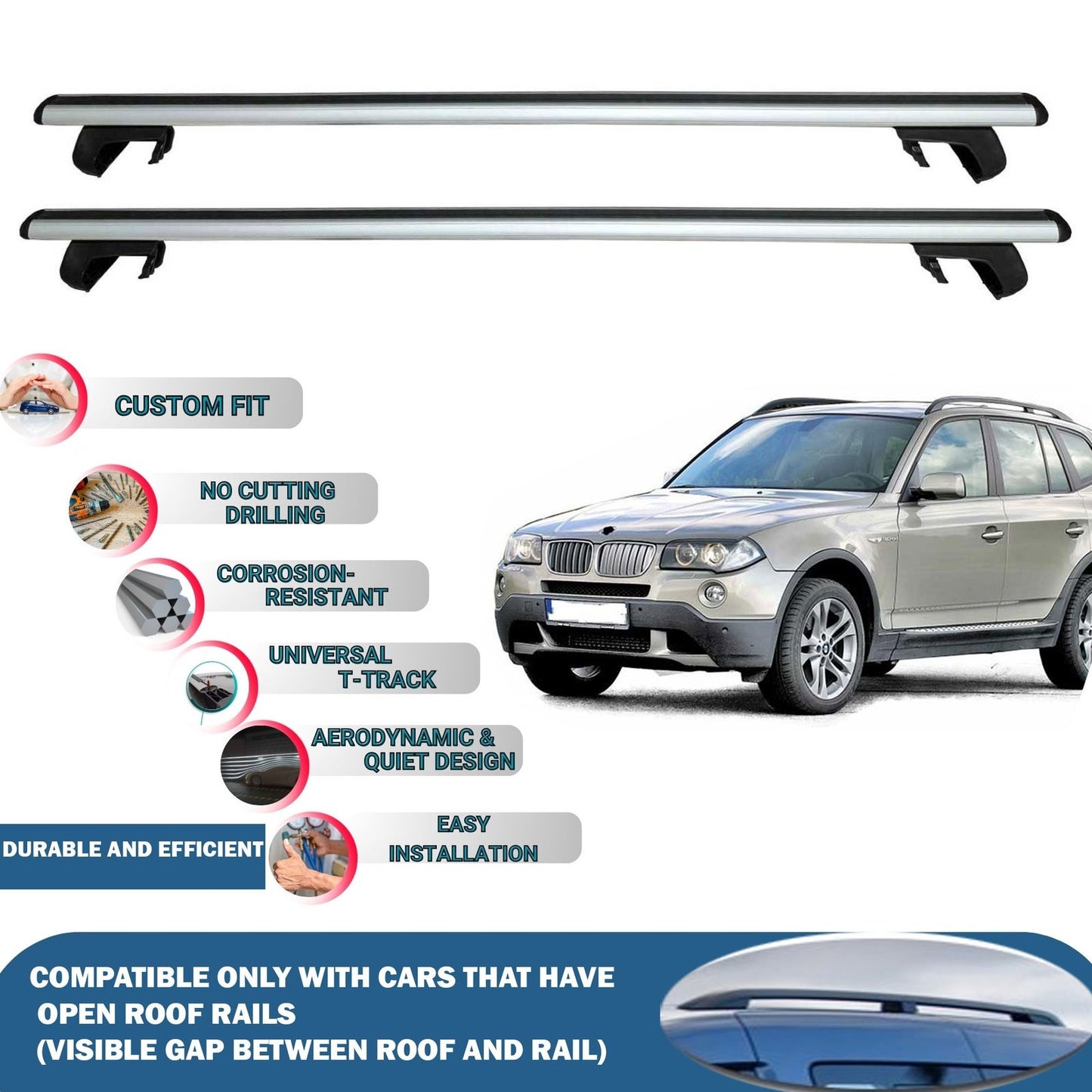 Roof Rack Cross Bars for Bmw X3 2004-2010 Rail Carrier for Roof Tents 2 Pcs Grey