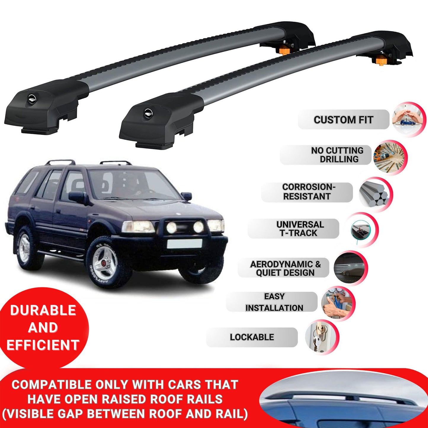 Roof Bar for Vauxhall Frontera 1992-1998 Lockable Roof Rack Cross Bars 2 Pcs Grey