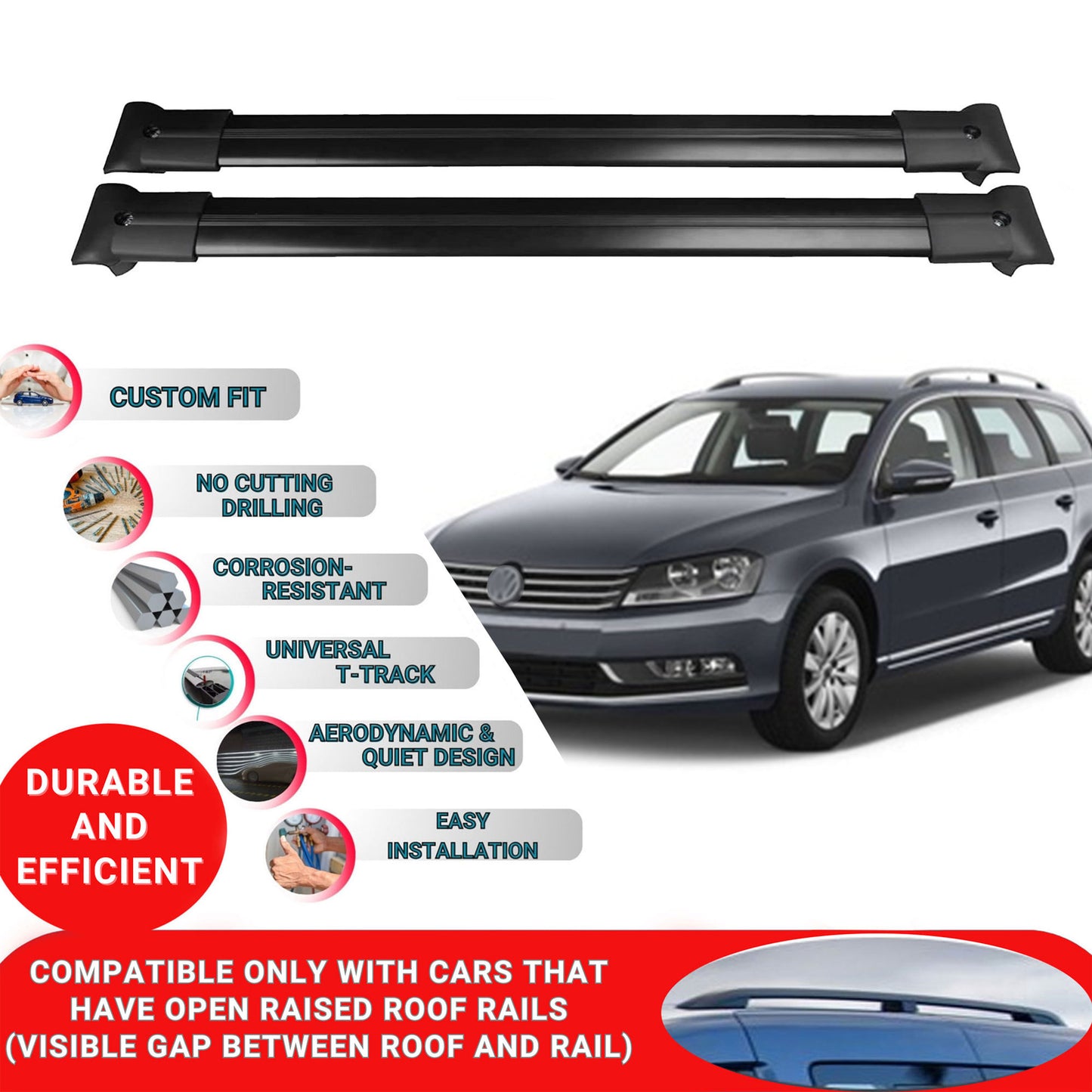 Roof Racks Cross Bars For Vw Passat B7 Sw 2010-2015 2 Pcs Black