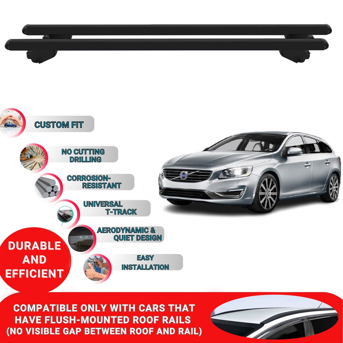 Roof Bars For Volvo V60 SW Estate 2010-2018 Roof Rack Cross Bars 2 Pcs Black