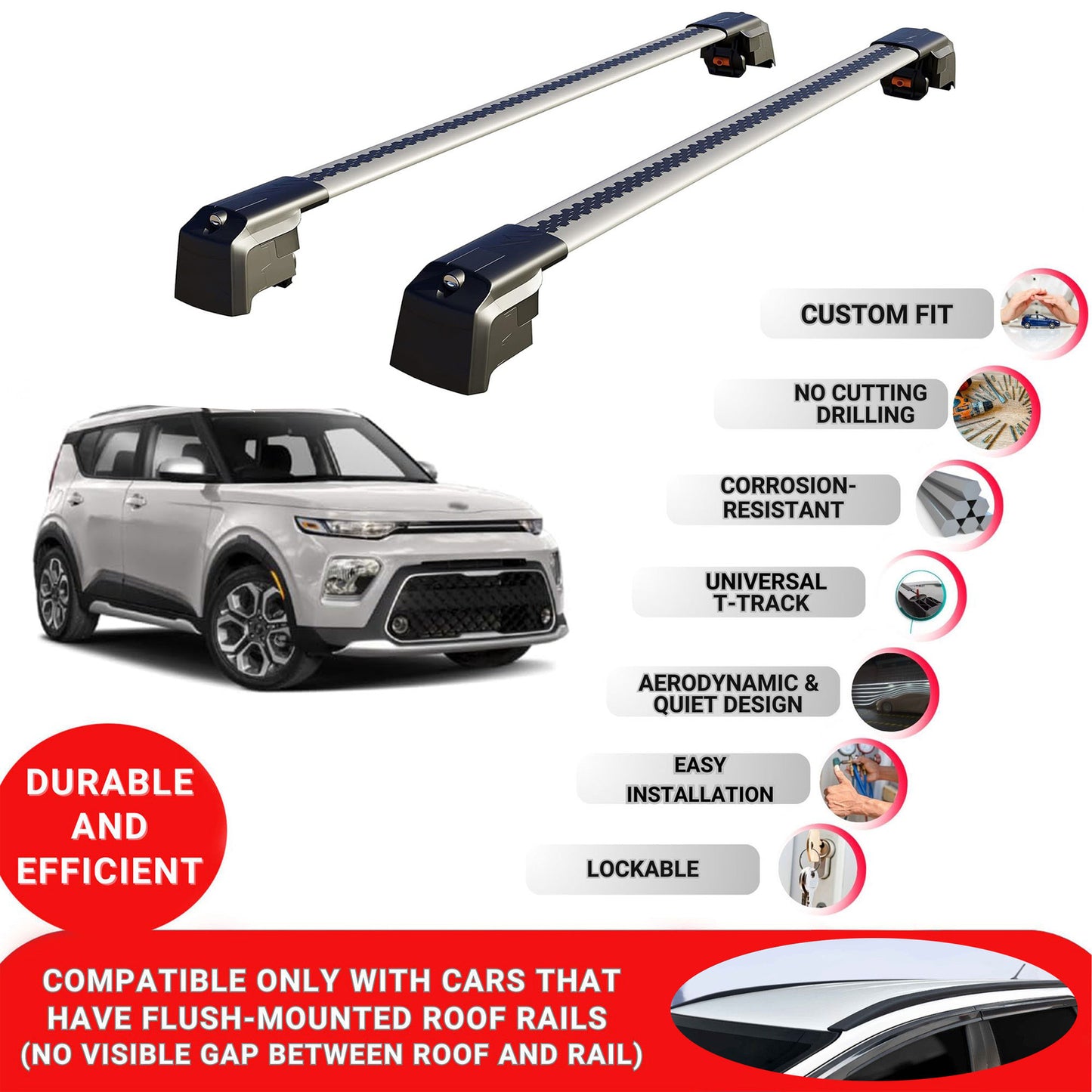 Roof Bars Rack for Kia Soul (SK3) 2020+ Lockable Rail Carrier 2 Pcs Grey