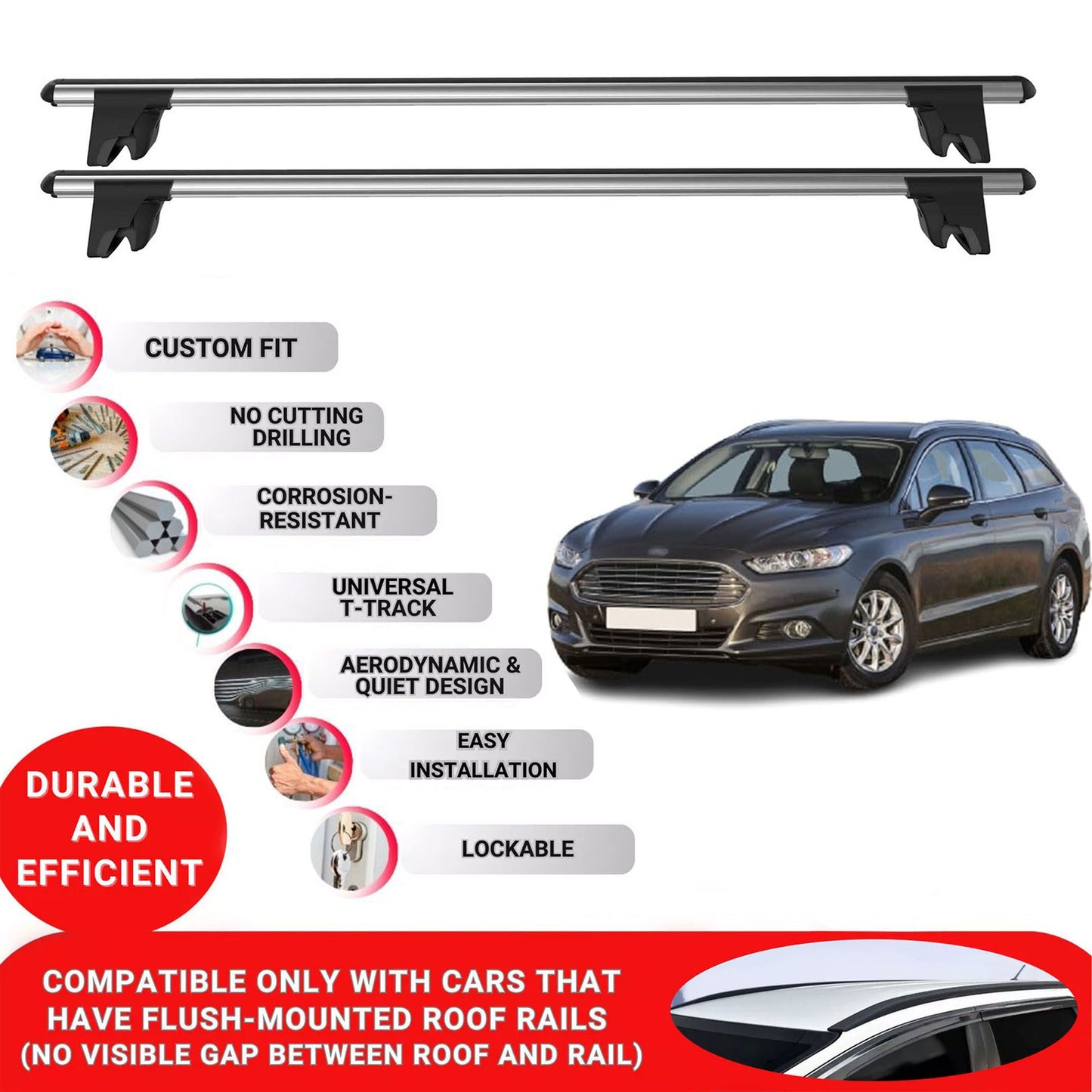 Premium Roof Bars for Ford Mondeo 2014-2021 Lockable Roof Rack Cross Bars 2 Pcs Grey