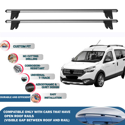 Lockable Roof Rack Cross Bars for Dacia Dokker 2012-2023 | Heavy Duty Rail Carrier 2 Pcs Grey
