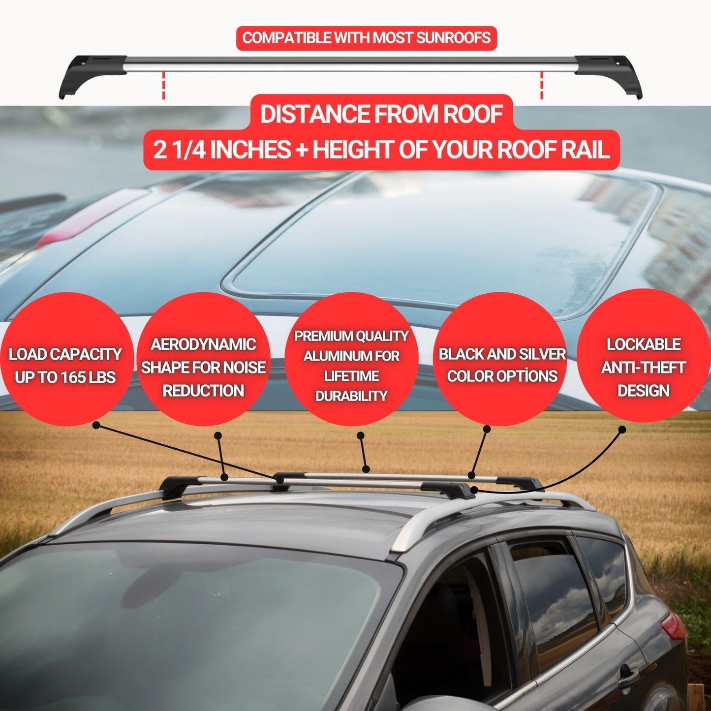 Roof Rack Cross Bars for Honda Pilot 2023 Onwards Lockable Roof Bars 2 Pcs Black