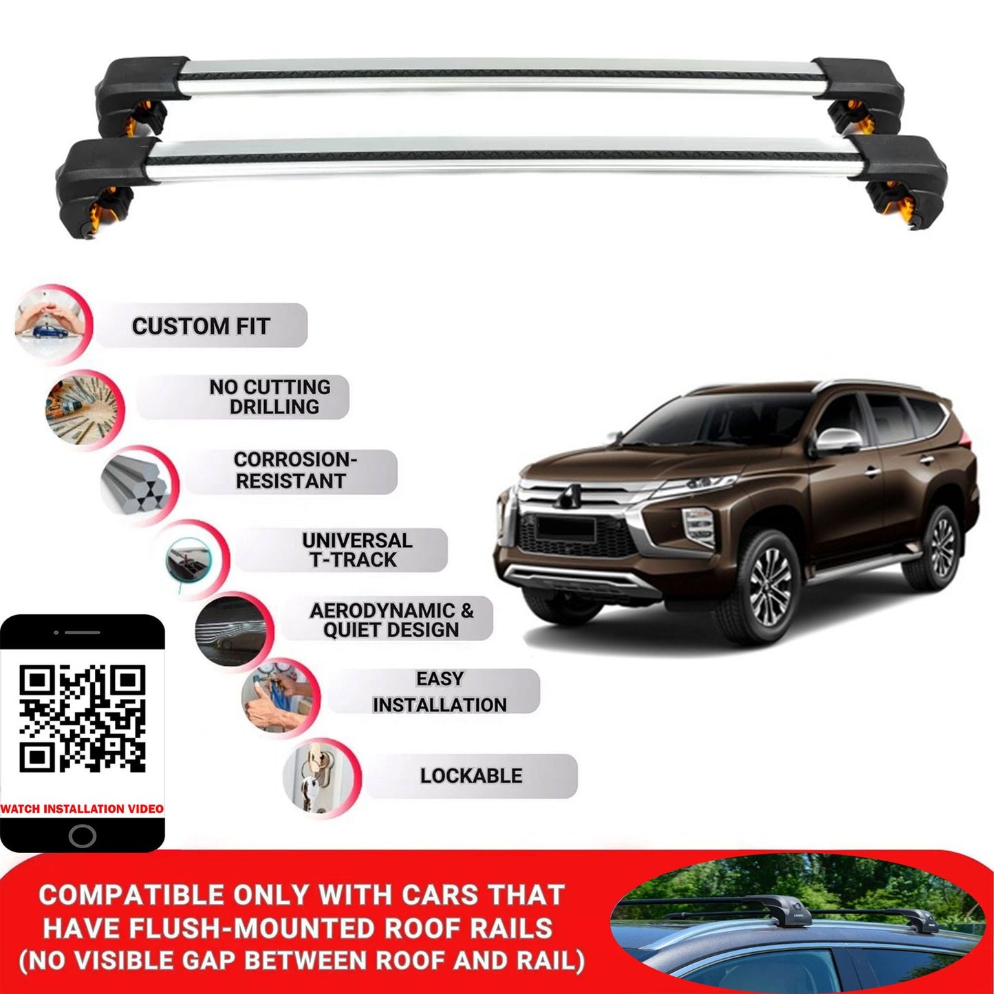Premium Roof Bars For Mitsubishi Pajero Sport 2016+ Secure Roof Rack Cross Bar 2 Pcss Grey