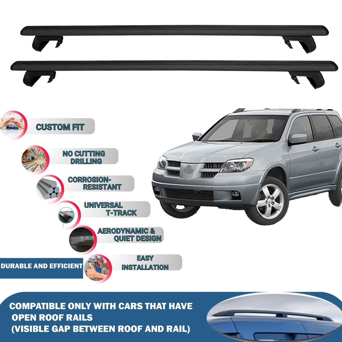 Roof Rack Cross Bars for Mitsubishi Outlander 2001-2006 Rail Carrier for Roof Tents 2 Pcs Black