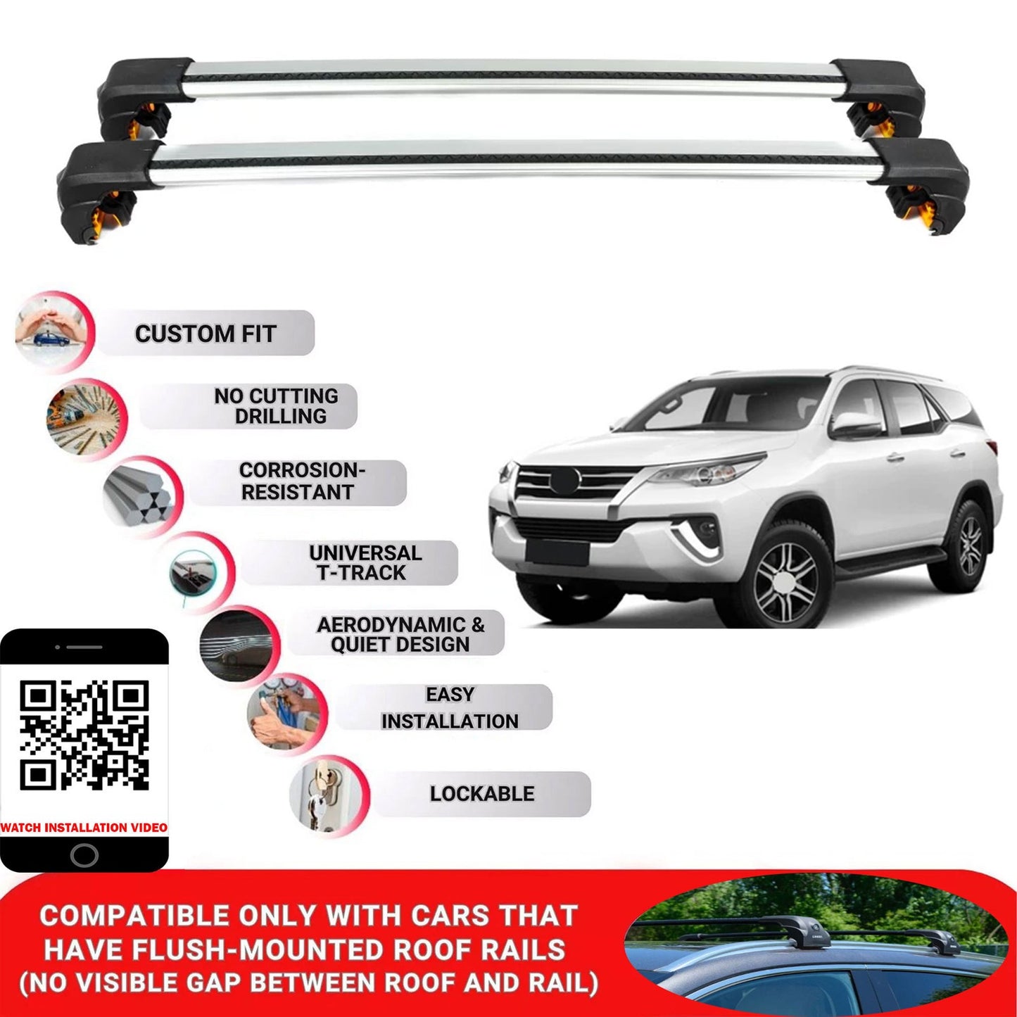 Premium Roof Bars For Toyota Fortuner Suv 2016+ Secure Roof Rack Cross Bar 2 Pcss Grey