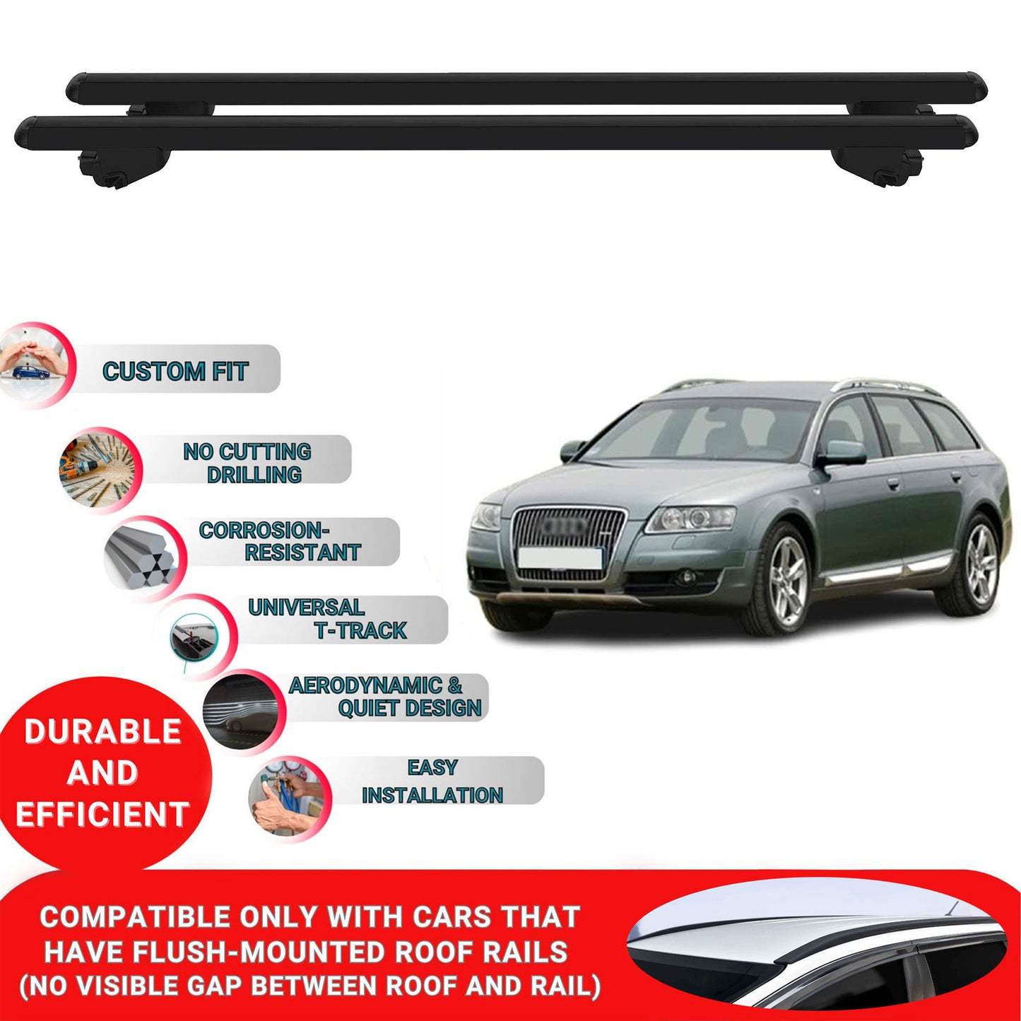 Roof Bars For Audi A6 Avant (C6-C7) 2004-2018 Roof Rack Cross Bars 2 Pcs Black