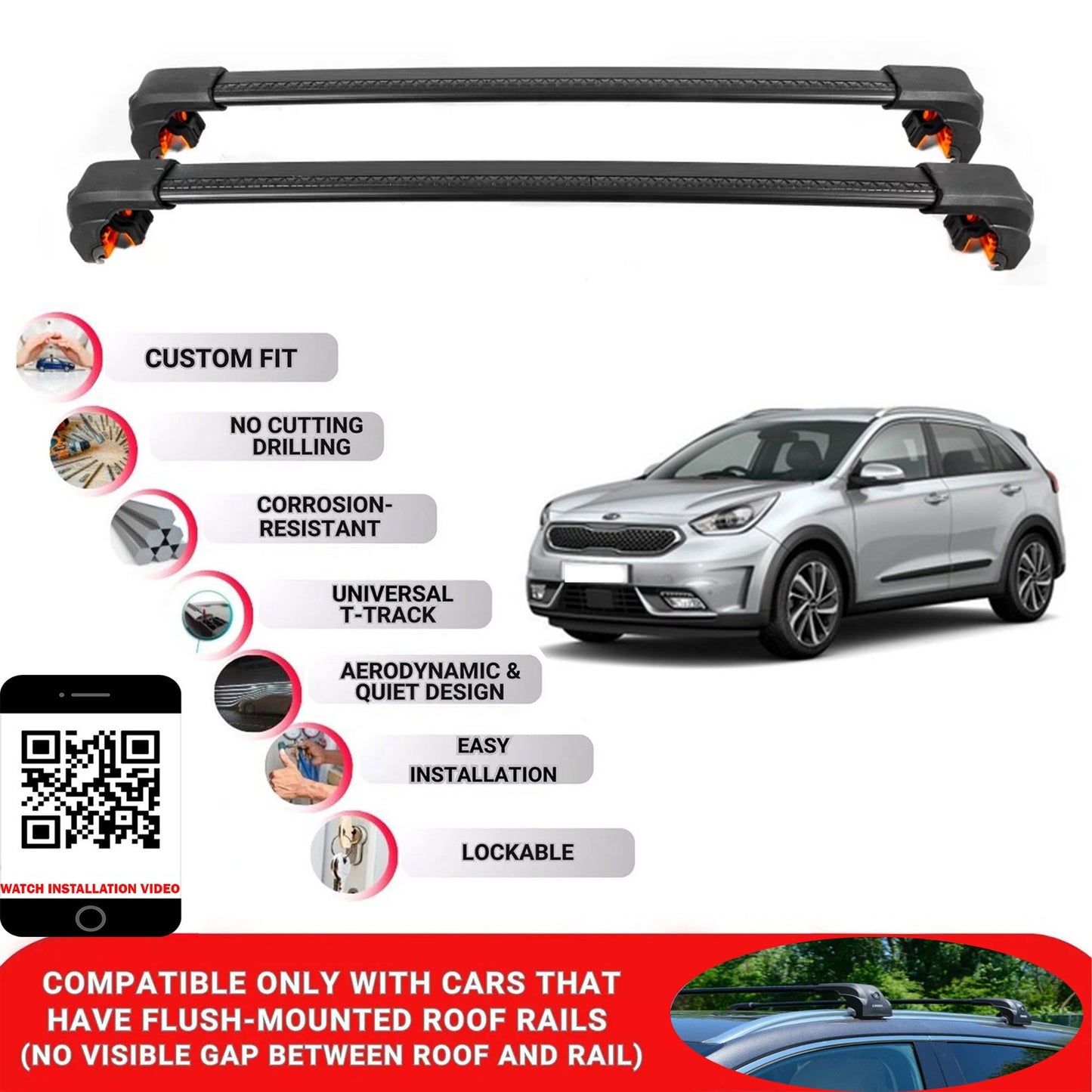 Premium Roof Bars For Kia E-Niro Suv 2018-2022 Secure Roof Rack Cross Bar 2 Pcss Secure Black