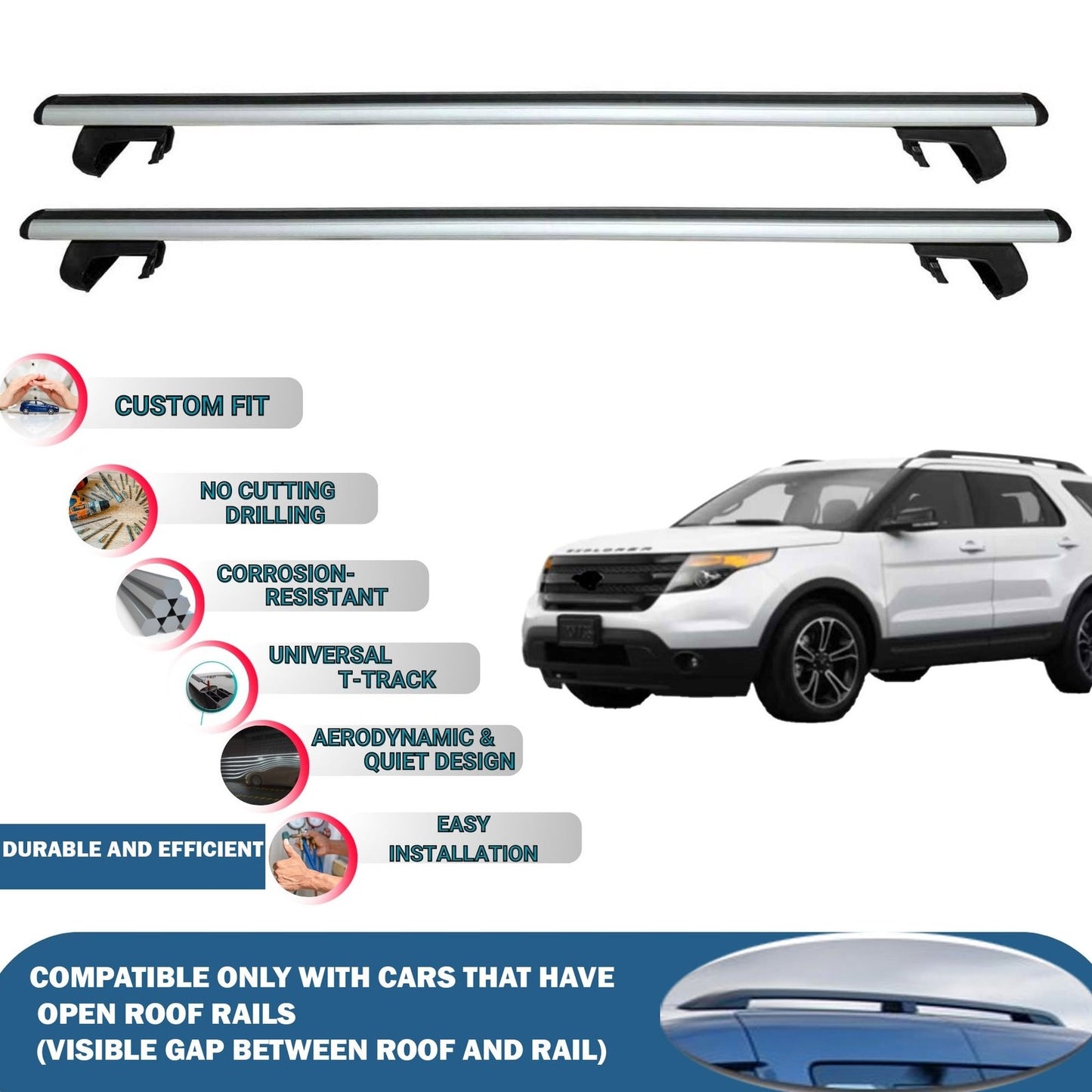 Roof Rack Cross Bars for Ford Explorer 2011-2015 Rail Carrier for Roof Tents 2 Pcs Grey