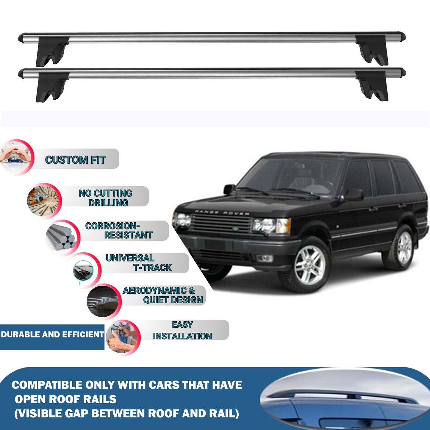 Lockable Roof Rack Cross Bars for Land Rover Range Rover 1994-2002 | Heavy Duty Rail Carrier 2 Pcs Grey