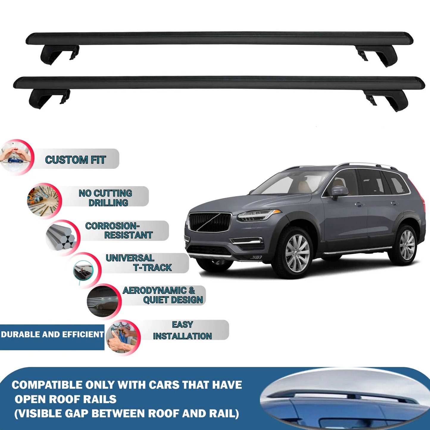 Roof Rack Cross Bars for Volvo XC90 2016-2022 Aluminum Roof Bars 2 Pcs Black