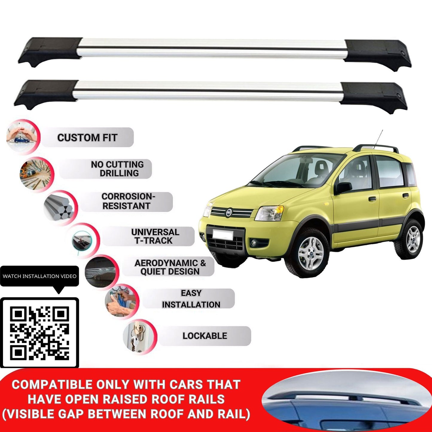 Roof Rack Cross Bars for Fiat Panda 4X4 HB 2004-2011 Lockable Roof Bars 2 Pcs Grey