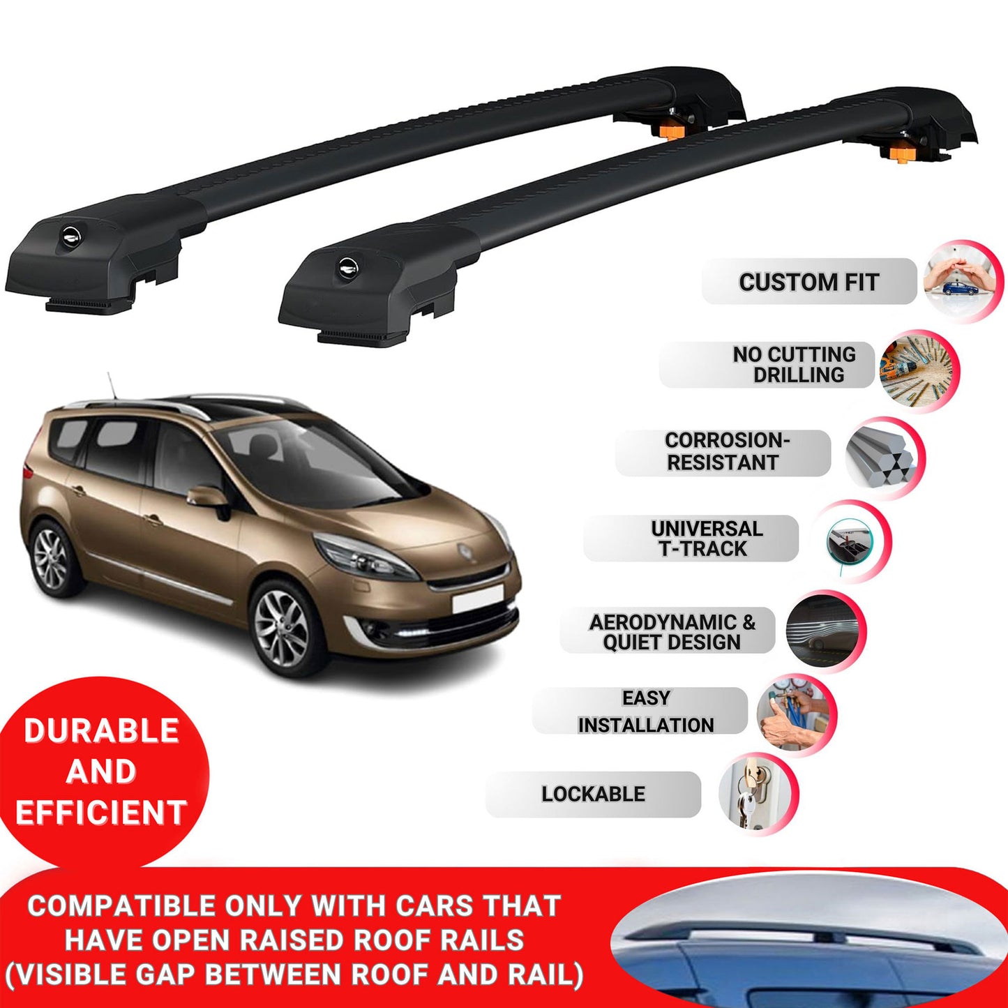 Roof Bar for Renault Grand Scenic 2009-2016 Lockable Roof Rack Cross Bars 2 Pcs Black