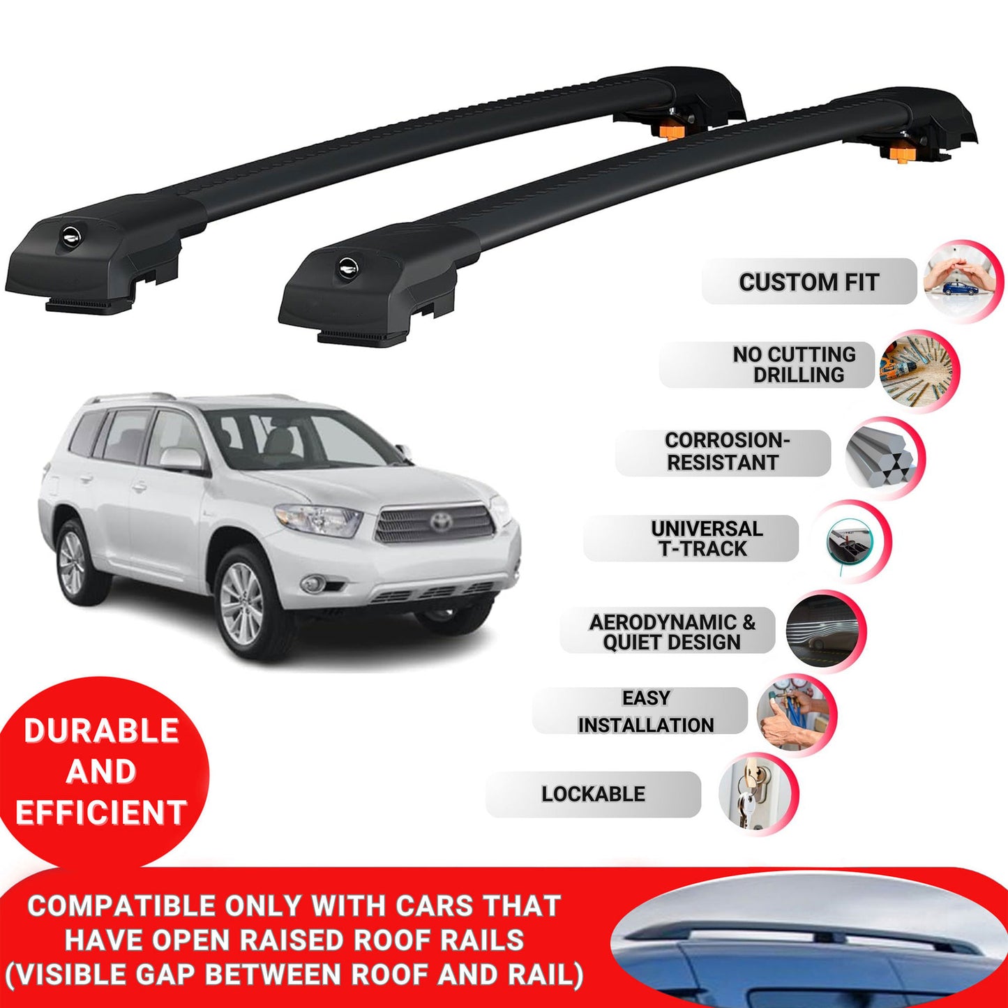 Roof Bar for Toyota Highlander 2007-2013 Lockable Roof Rack Cross Bars 2 Pcs Black