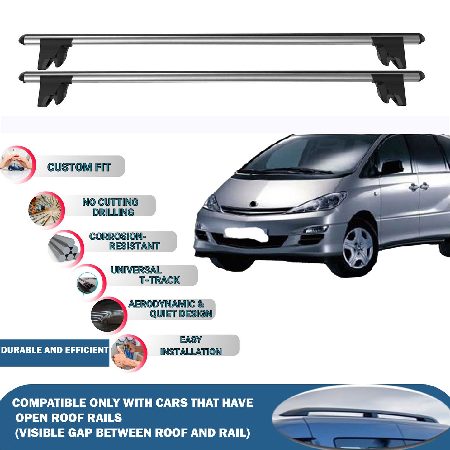 Lockable Roof Rack Cross Bars for Toyota Estima Previa 2000-2005 | Heavy Duty Rail Carrier 2 Pcs Grey