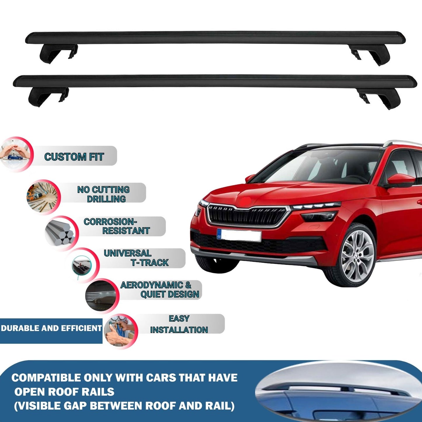 Roof Rack Cross Bars for Skoda Kamiq 2019-2023 Rail Carrier for Roof Tents 2 Pcs Black