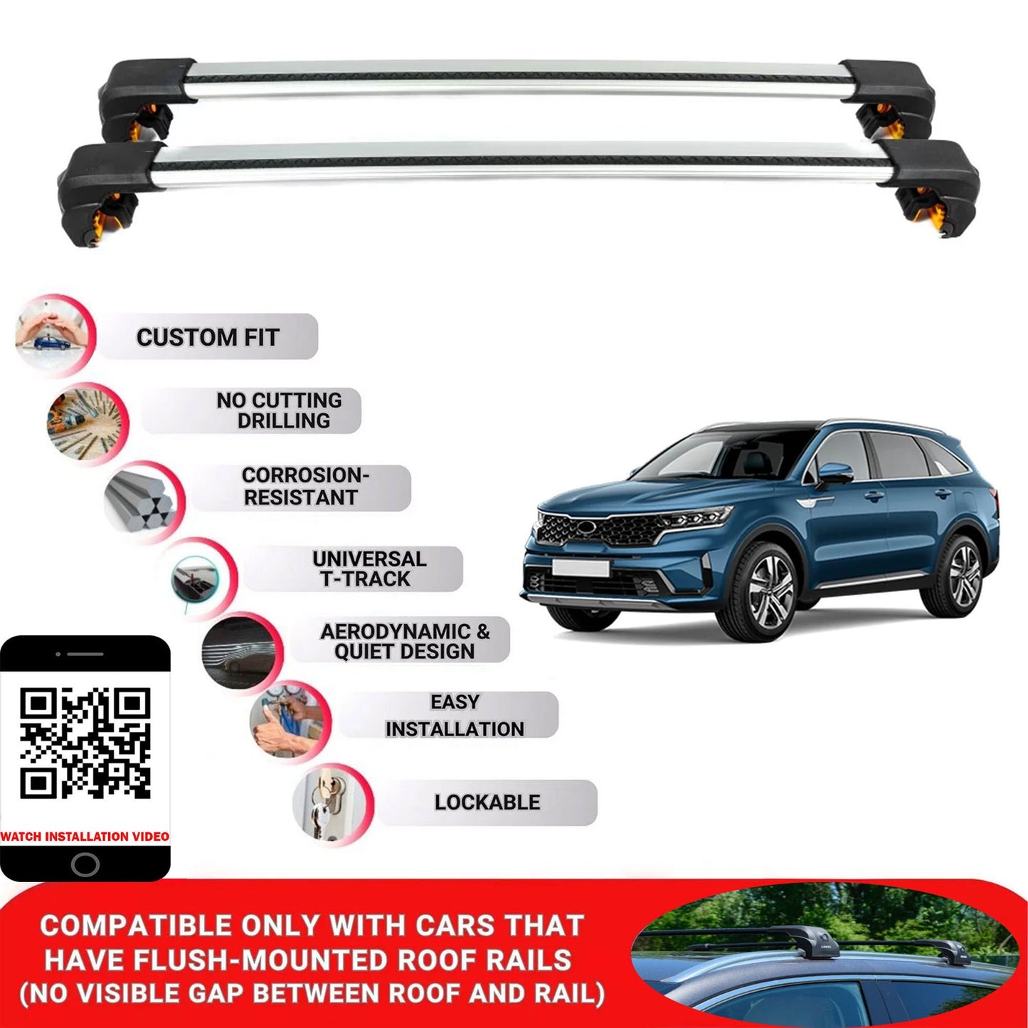 Premium Roof Bars For Kia Sorento Suv 2021+ Secure Roof Rack Cross Bar 2 Pcss Grey