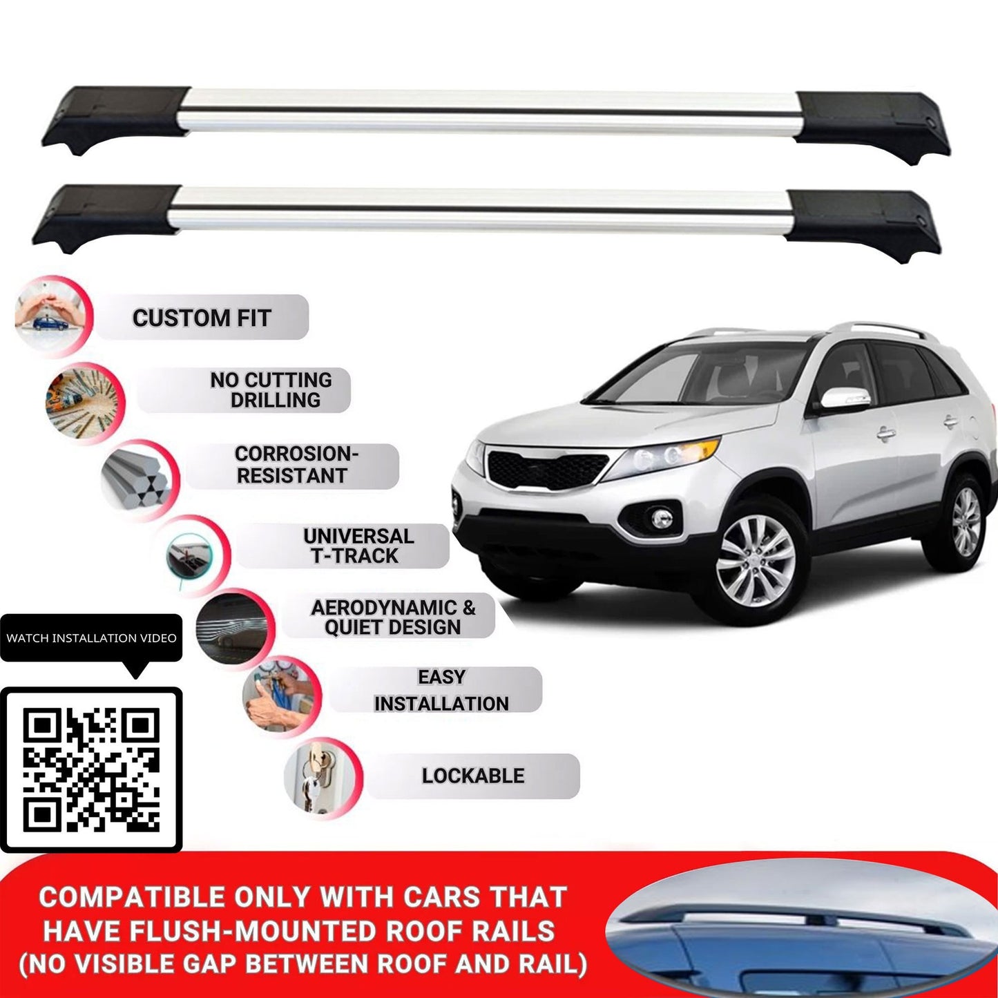 Roof Rack Cross Bars for Kia Sorento 2010-2015 Lockable Roof Bars 2 Pcs Grey