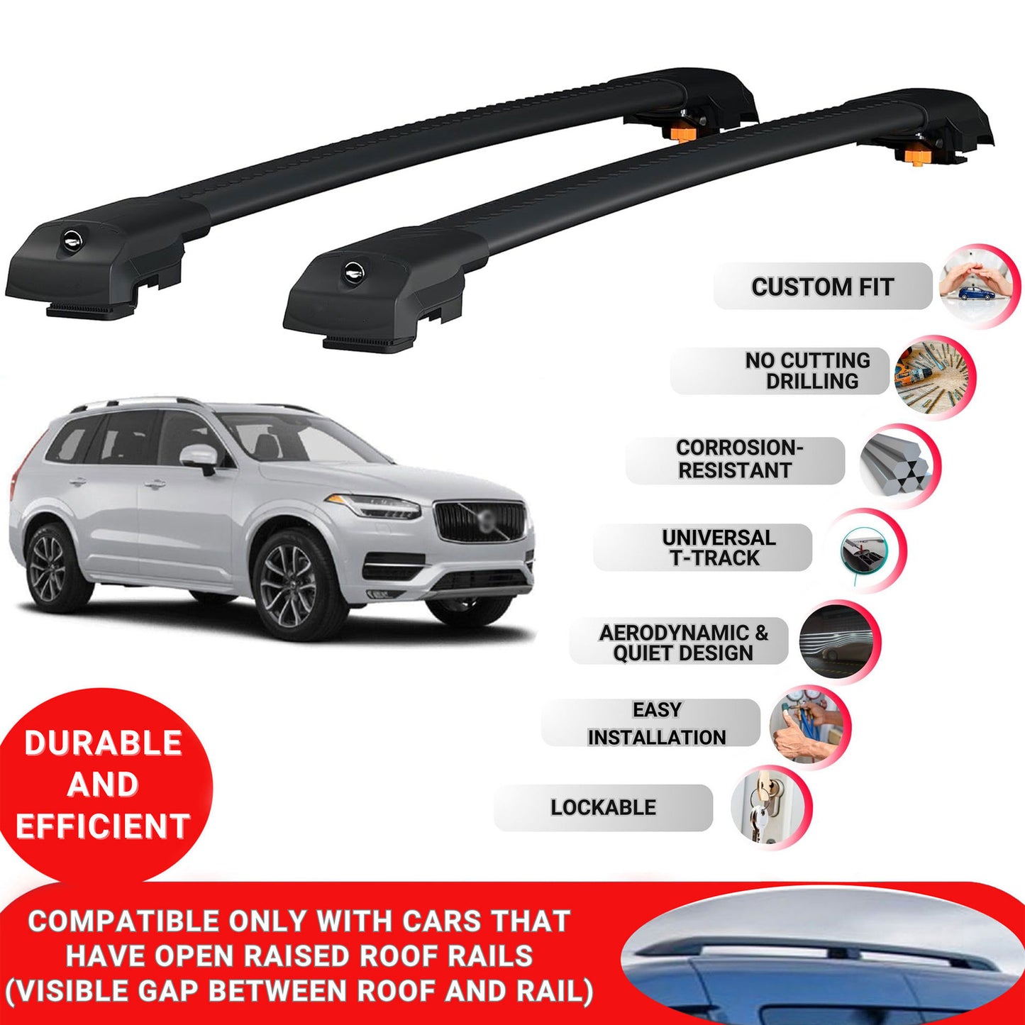 Roof Bar for Volvo XC90 2015-2023 Lockable Roof Rack Cross Bars 2 Pcs Black