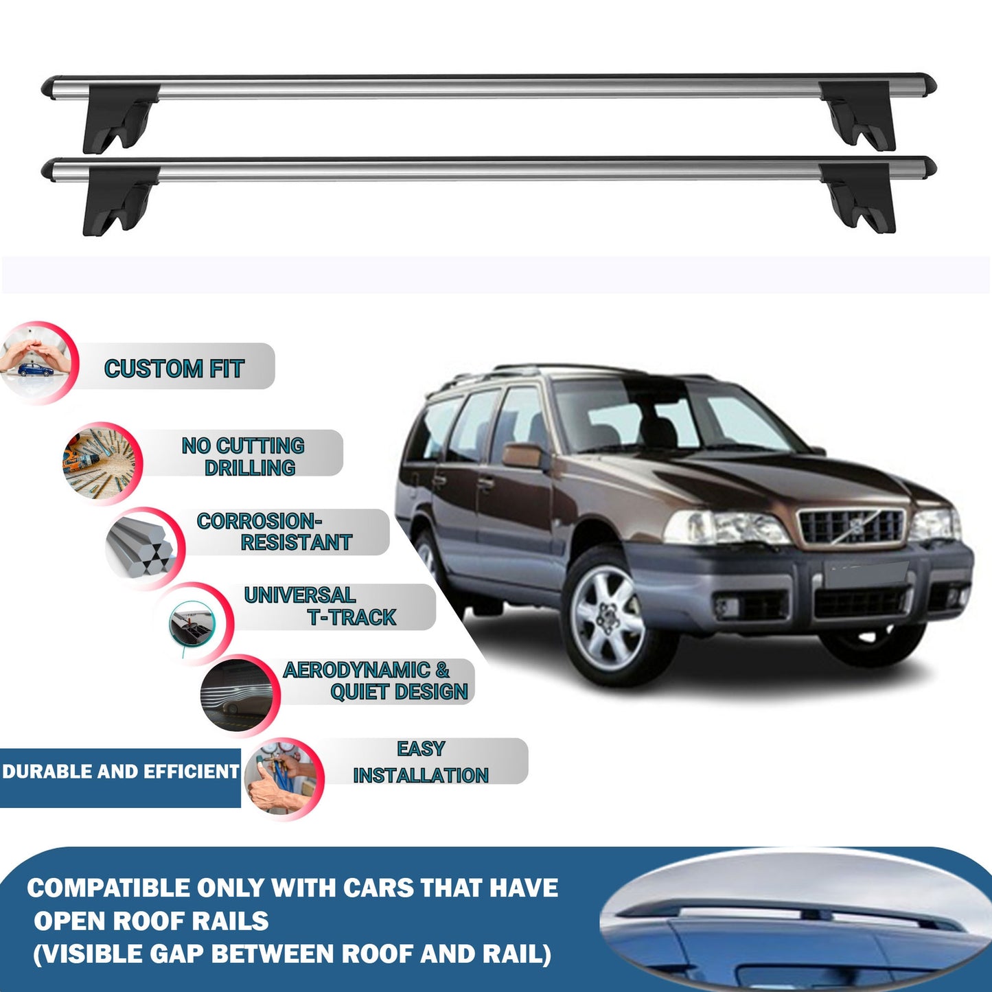 Lockable Roof Rack Cross Bars for Volvo Xc70 Estate 1997-2000 | Heavy Duty Rail Carrier 2 Pcs Grey