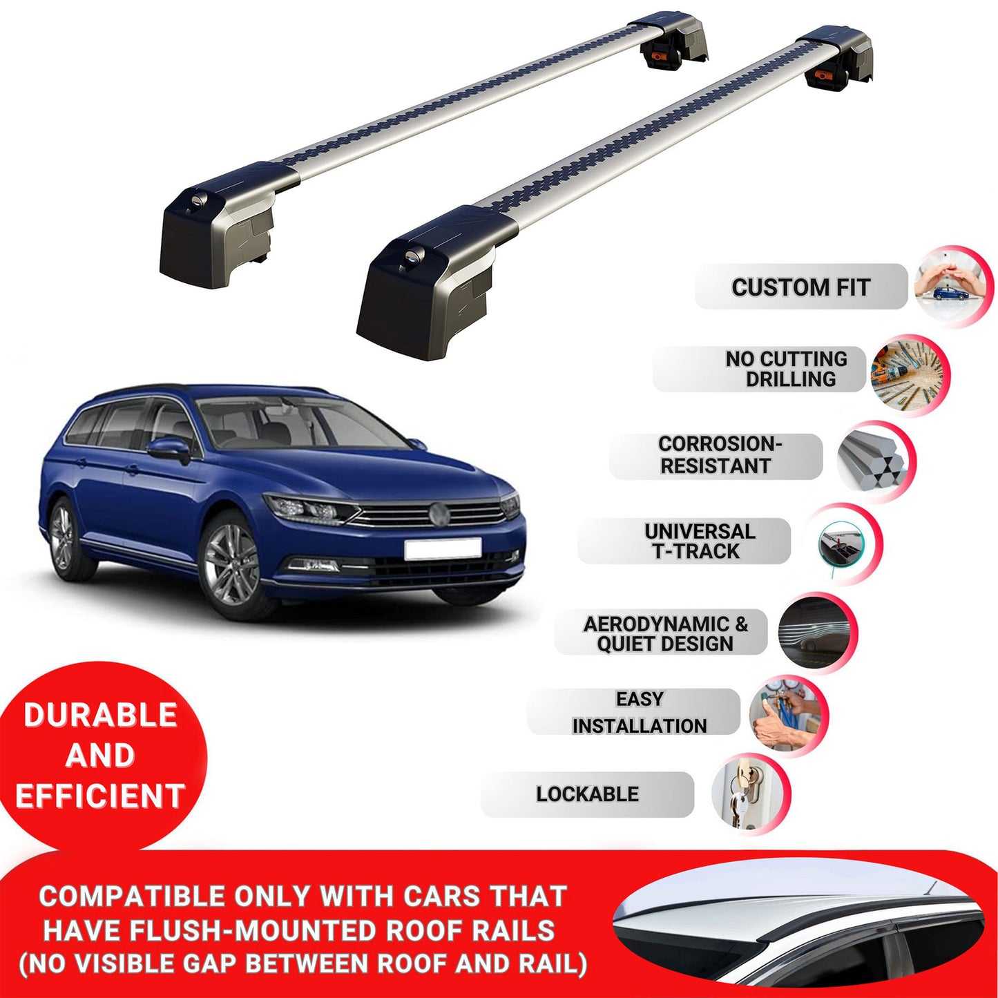 Roof Bars Rack for Volkswagen Passat Variant B8 2015+ Lockable Rail Carrier 2 Pcs Grey