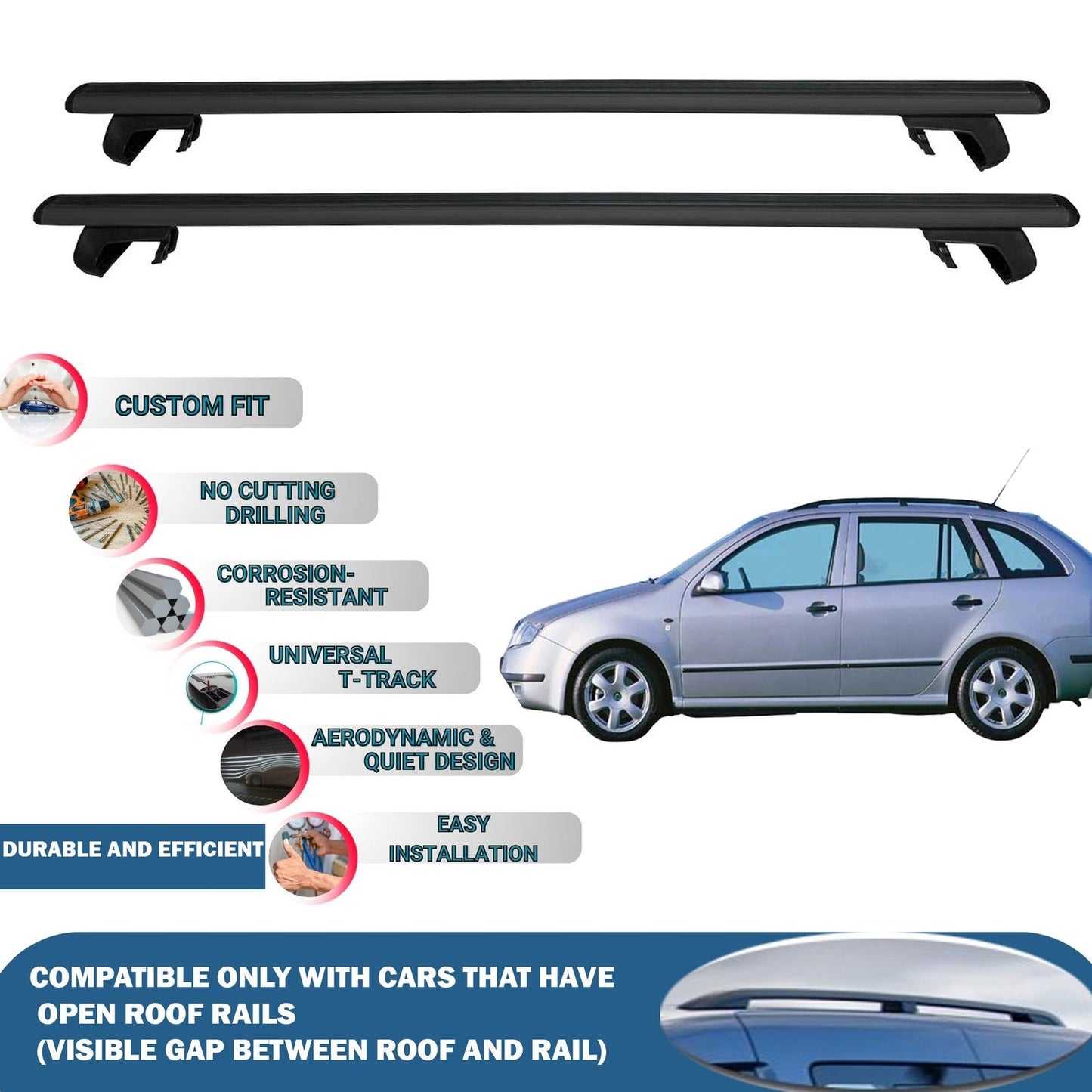 Roof Rack Cross Bars for Skoda Fabia Wagon 2008-2015 Rail Carrier for Roof Tents 2 Pcs Black