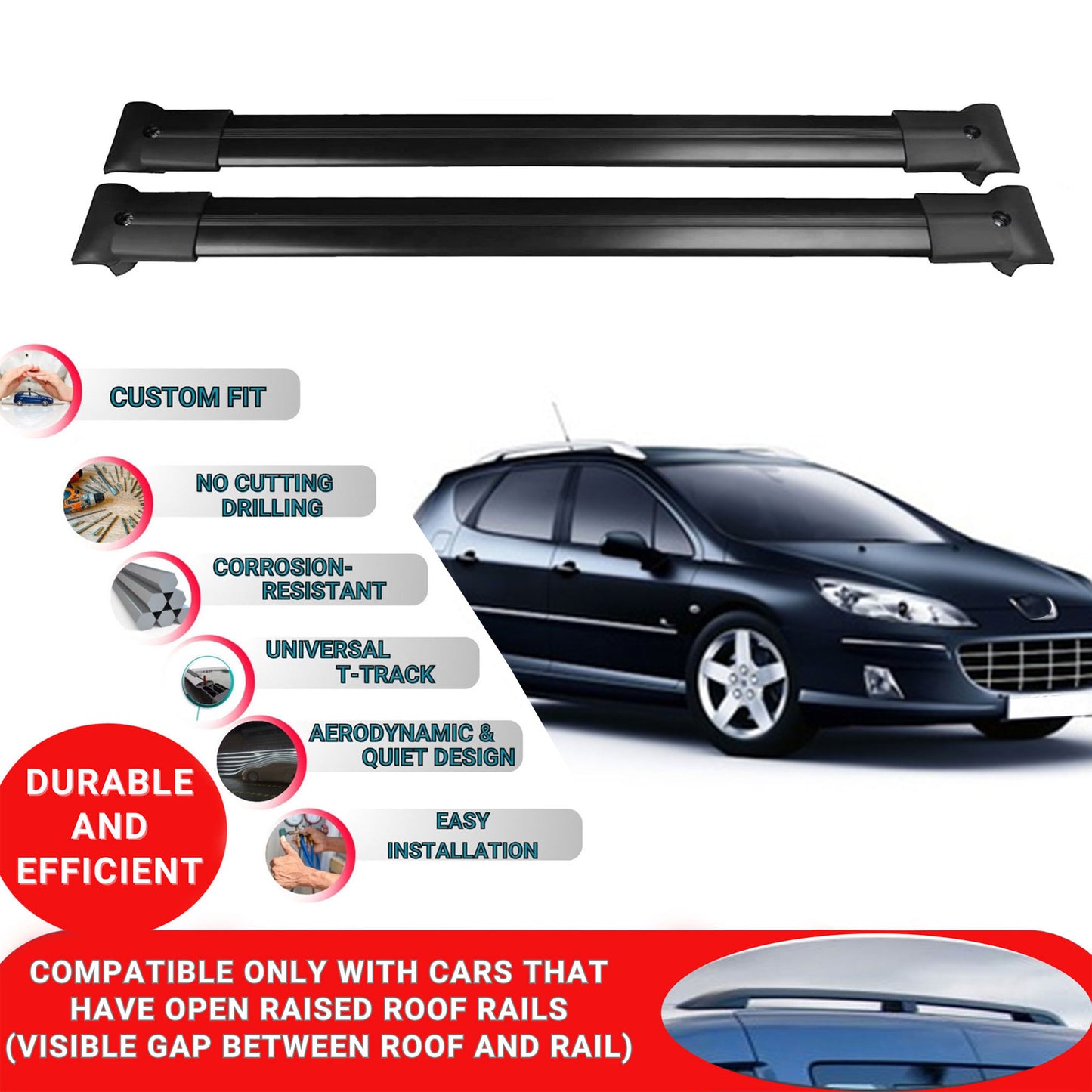 Roof Racks Cross Bars For Peugeot 407 Sw 2005-2011 2 Pcs Black