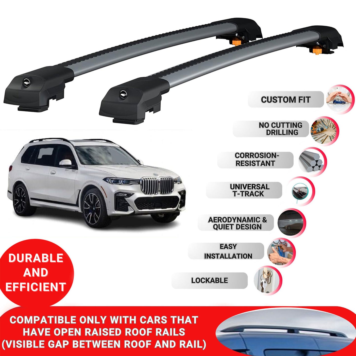 Roof Bar for Bmw X7 2019-2024 Lockable Roof Rack Cross Bars 2 Pcs Grey